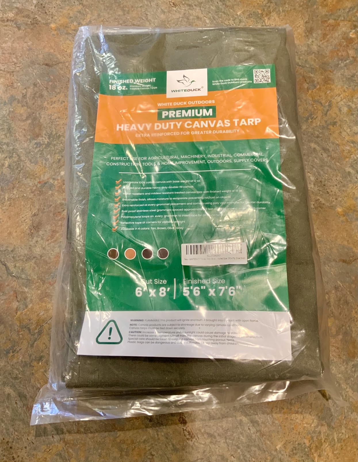WHITEDUCK Canvas Tarp 18 oz. Heavy Duty Water Repellent UV Resistant, Rustproof Grommets, Industrial & Commercial Use Cloth Tarps (Cut Size: 6x8, Finished Size: 5'6