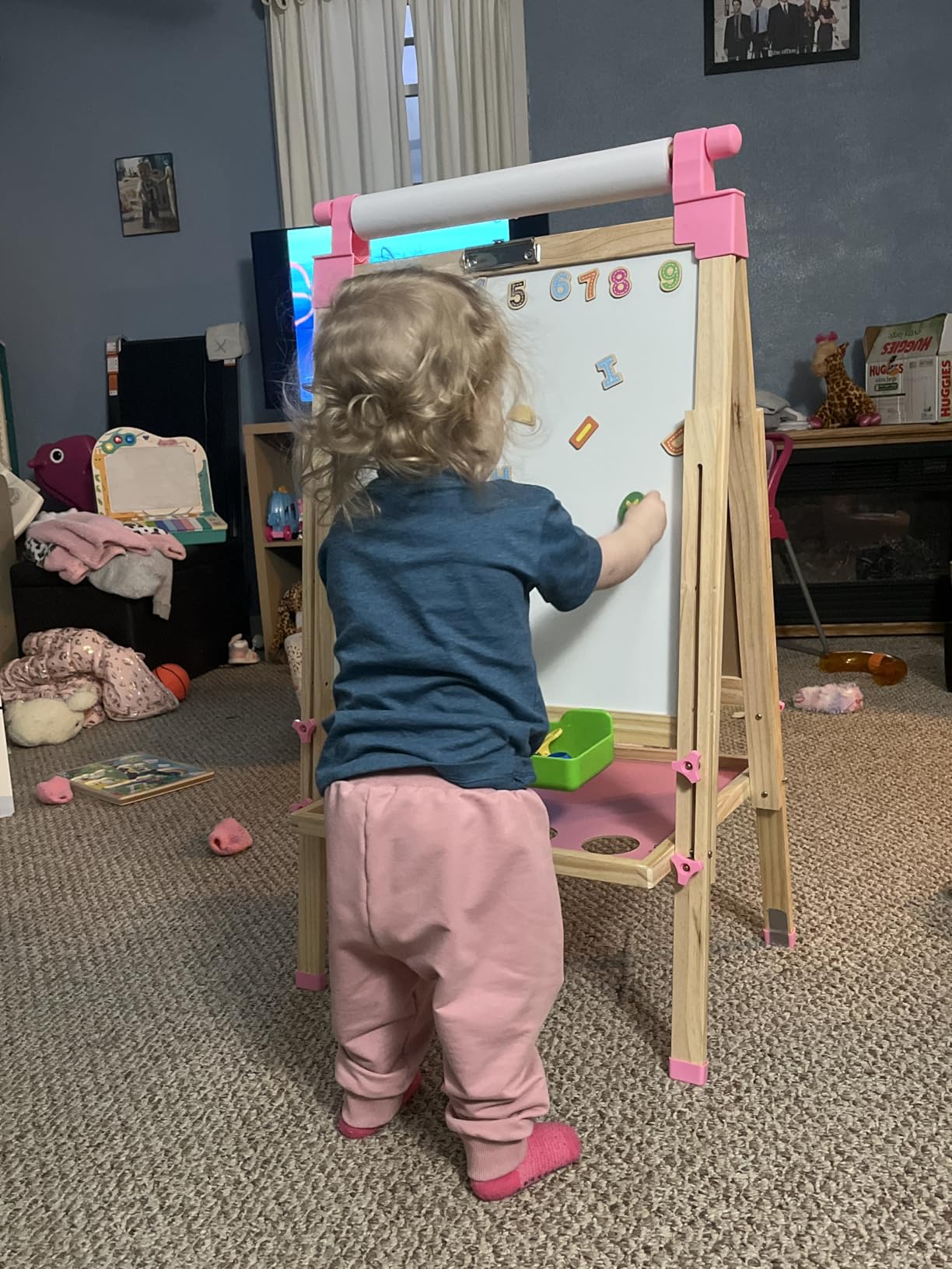 JOYOOSS Kids Wooden Easel with Paper Roll - Adjustable Magnetic Double Sided Drawing Board Whiteboard & Chalkboard Dry Easel Board, Children Art Easel for 3~12 Years Kids Boys Girls Painting Drawing customer photo 2