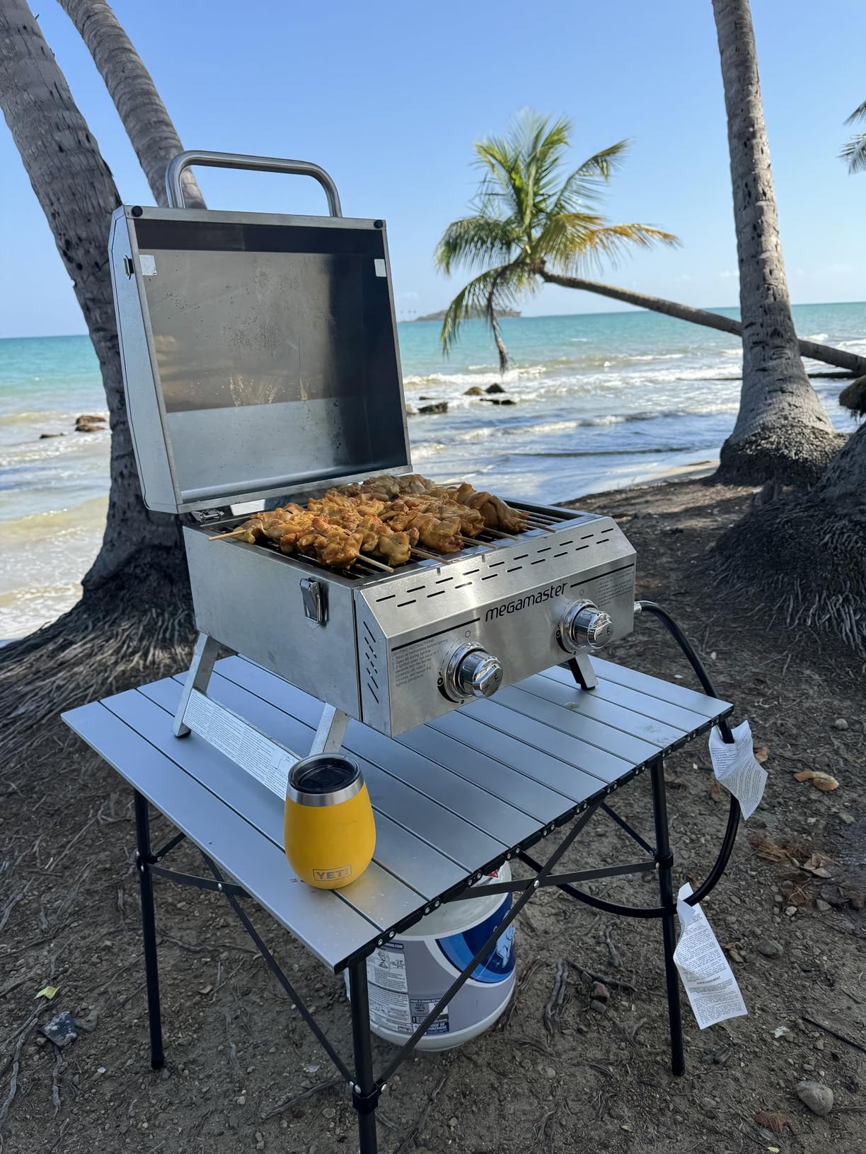 Megamaster Tabletop 2 Burner Gas Grill, Stainless Steel with Foldable Legs | Offers 16000 BTU, Built-In Lid, Push & Turn Ignition, 199 Sq In Cooking Space, Standard 20 lb tank, For Camping & Tailgating customer photo 1