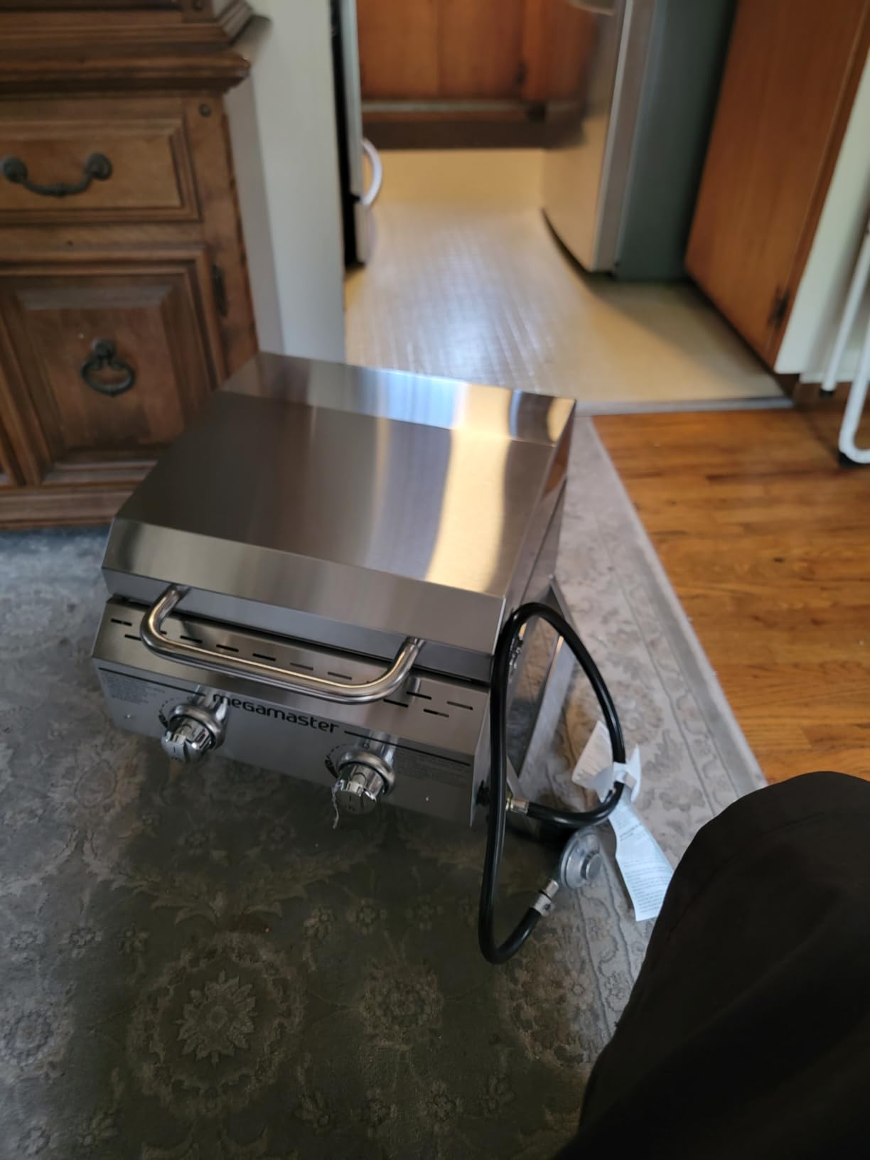 Megamaster Tabletop 2 Burner Gas Grill, Stainless Steel with Foldable Legs | Offers 16000 BTU, Built-In Lid, Push & Turn Ignition, 199 Sq In Cooking Space, Standard 20 lb tank, For Camping & Tailgating customer photo 2