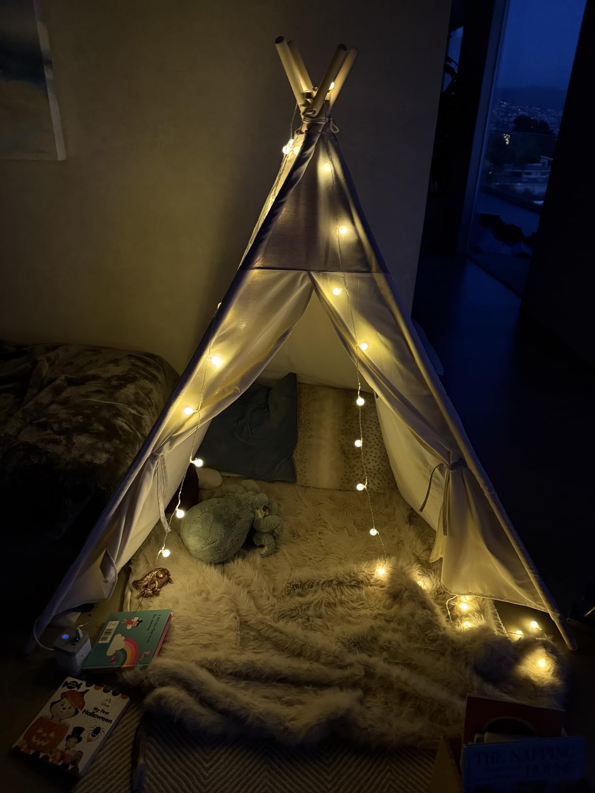 besrey Teepee Tent for Kids, Cotton Canvas Play Tent with Lights & Mat, Sturdy Toddler Tipi Tent Playhouse for Boys Girls, Foldable Indoor Outdoor Camping Reading Hideaway customer photo 2