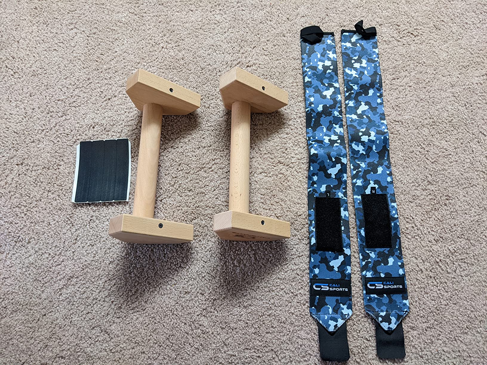CALI SPORTS Calisthenics Wood Parallettes Bars | Push Up Bar That Will Not Slip or Wobble | Wrist Wraps Included customer photo 2