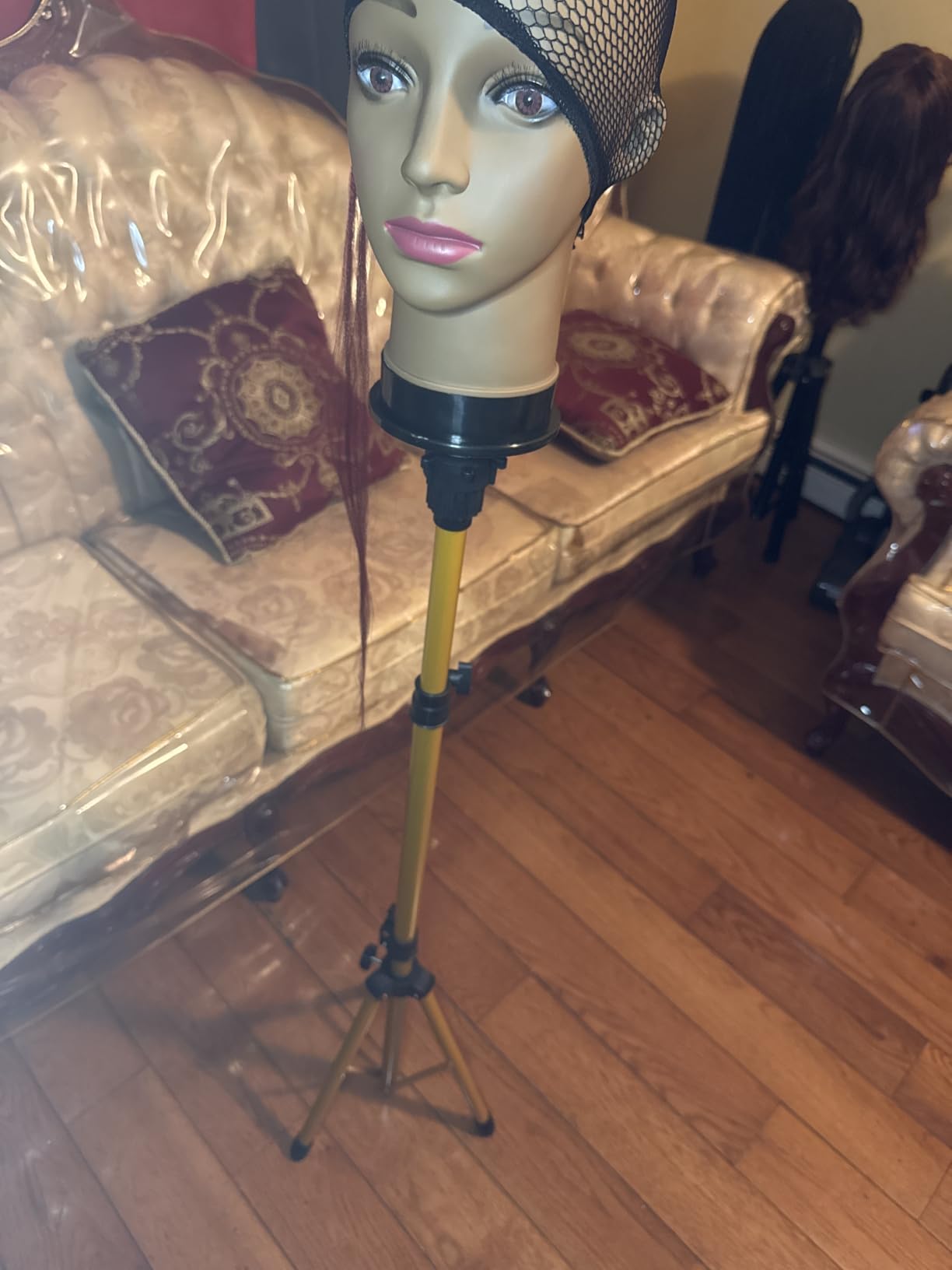 Klvied Wig Stand Tripod, Adjustable 34.64-51.48in, 0.8in Top Base | Includes carrying bag, T-pins, wig caps, comb and hair clips. Black. Mannequin head not included. customer photo 1