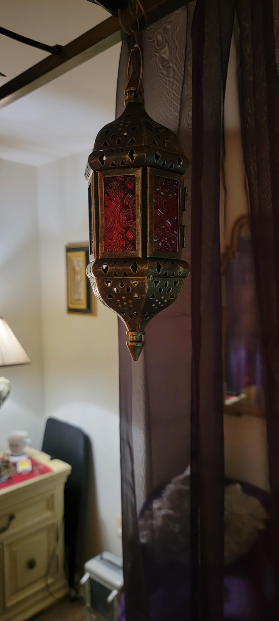 2 Pcs Hanging Hexagon Decorative Moroccan Candle Lantern Holders, Handmade Hanging Tea Light Holder in Bronze Metal & Red & Purple Glass Gift & Decor Items customer photo 1
