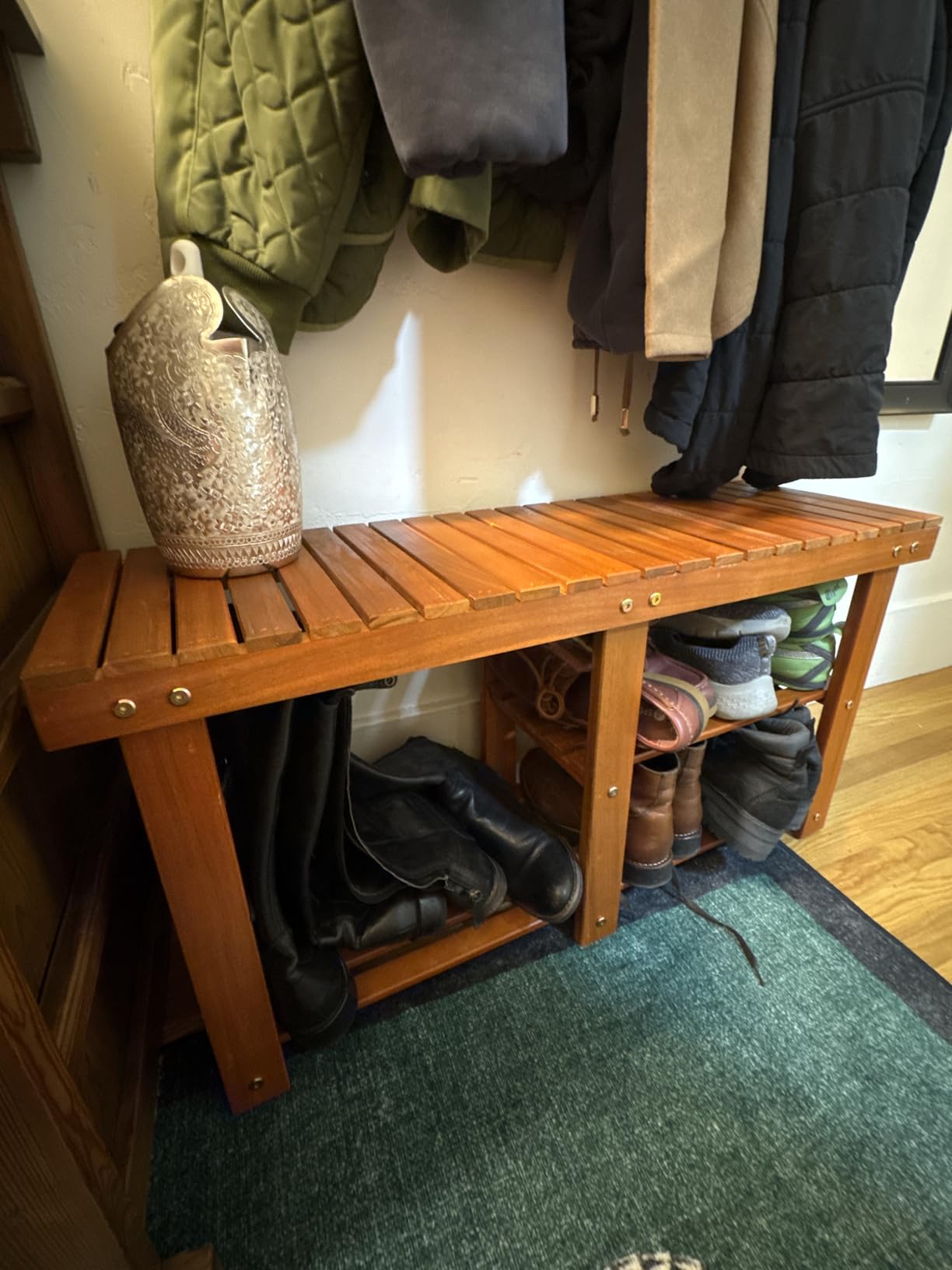 Tangkula 3-Tier Shoes Rack Bench, Entryway Storage Bench Shoes Organizer with Seat, Shoe Shelf for Boots, Acacia Wood Bench for Hallway, Bathroom, Living Room, Corridor Garden customer photo 1