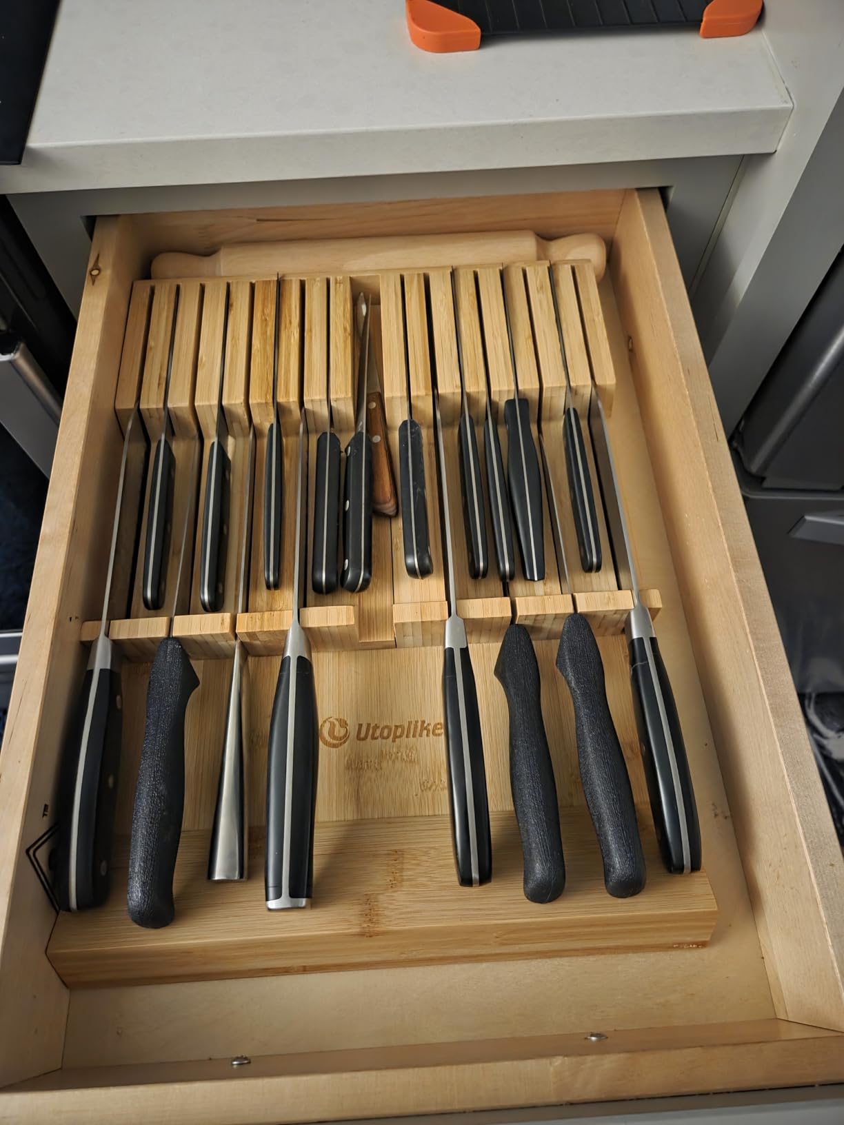 Utoplike In-drawer Knife Block Bamboo Kitchen Knives Drawer Organizer Large | Holder Storage for Steak, Paring, Bread Knives, Holds Up to 16 Knives & 1 Sharpening Steel customer photo 2