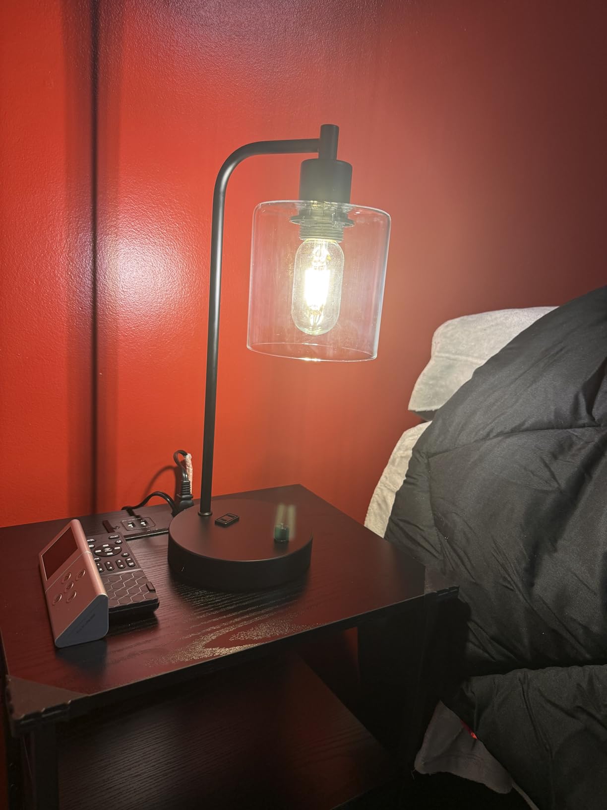 Industrial Table Lamp with USB A+C Ports and Outlet, Fully Stepless Dimmable Modern Nightstand Lamp, Glass Shade Bedside Desk Lamp for Bedroom Living Room Office, 8W 2700K LED Edison Bulb Included customer photo 2