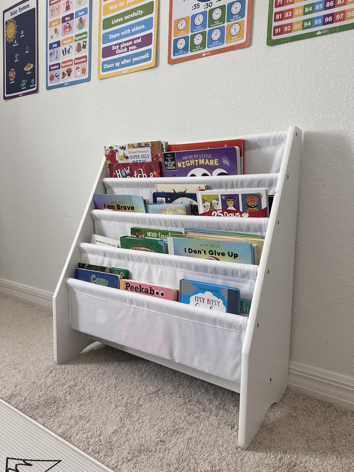 UTEX Kids Bookshelf Storage, Thick Cotton Sling Book Shelf for Kids Rooms | 4-Tier Toddler Magazine Book Rack, Children Book Organizer, Front Facing, Deep, Space Saving, Toddler Room, Gift, White customer photo 1