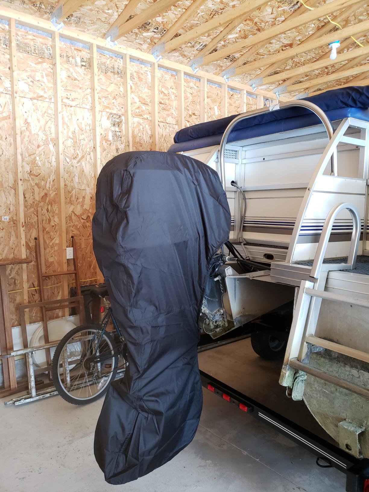 Outboard Motor Cover, Waterproof, Fits up to 250-350 HP, Black | 600D waterproof fabric, windproof strap for towing, elastic hem for snug fit, zipper drawstring closure easy to install customer photo 1