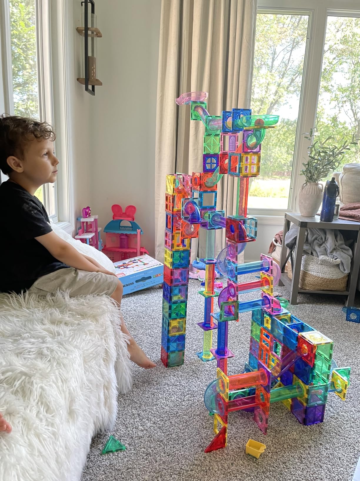 PicassoTiles 100 Piece Marble Run Magnetic Tiles Race Track STEM Ages 3+ | BPA-free ABS plastic, reinforced edges, curved slopes and U-turns, steel balls included, open-ended maze layouts, shared play customer photo 1