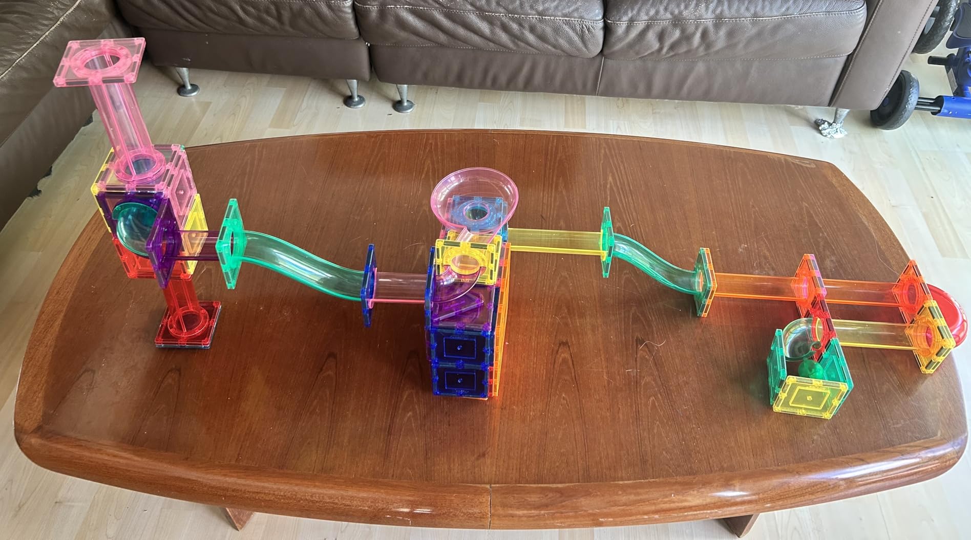 PicassoTiles 100 Piece Marble Run Magnetic Tiles Race Track STEM Ages 3+ | BPA-free ABS plastic, reinforced edges, curved slopes and U-turns, steel balls included, open-ended maze layouts, shared play customer photo 2