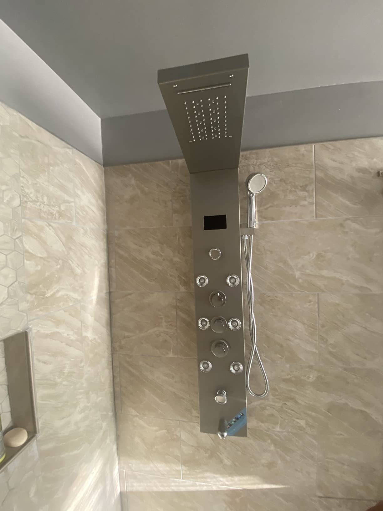FUZ Contemporary Shower Panel Tower System Stainless Steel 6-Function Faucet LED Rainfall Waterfall Shower Head + Handheld Sprayer + Rain Massage Body Jets + Tub Spout, Brushed Nickel customer photo 1