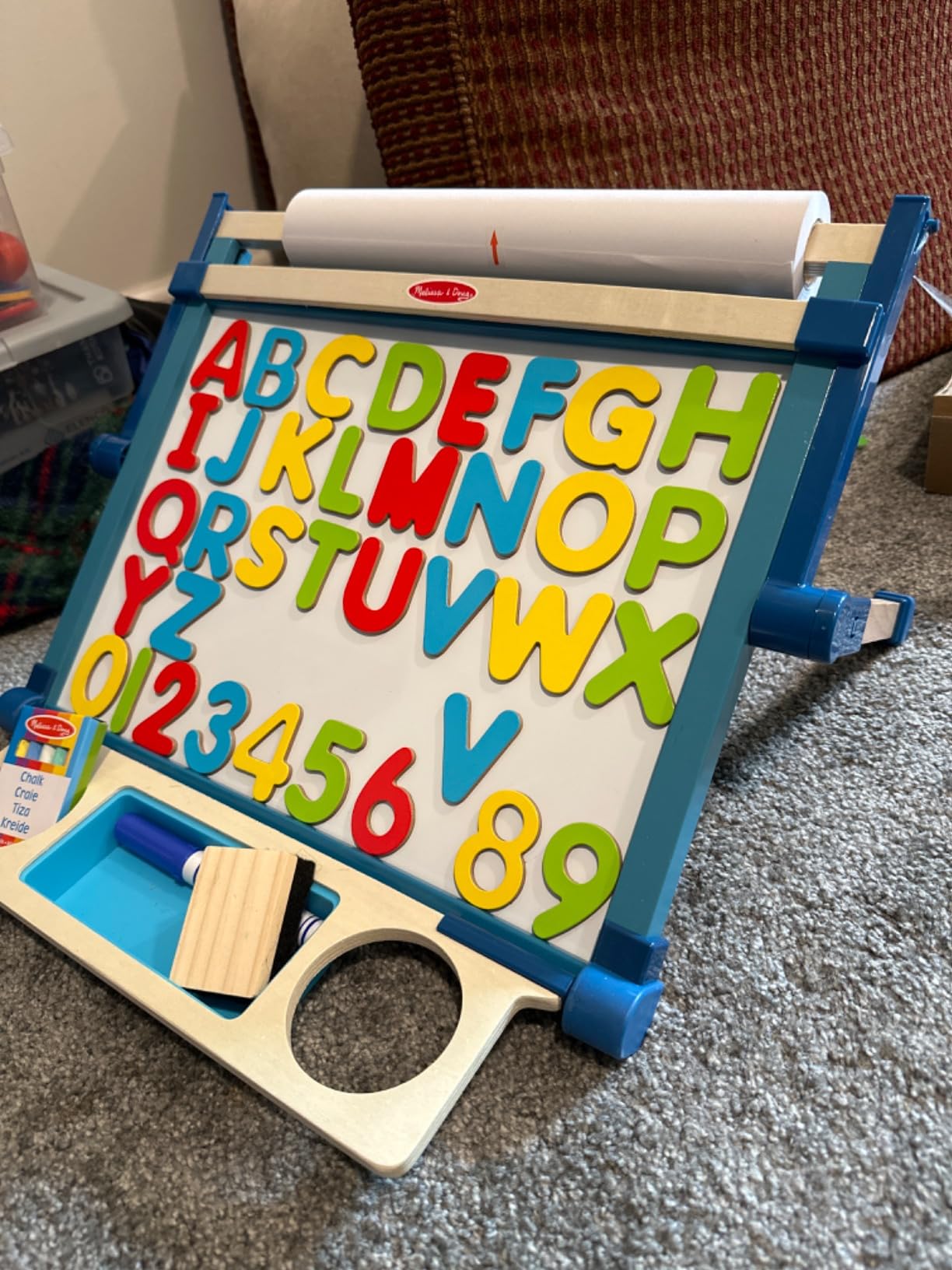 Melissa & Doug Magnetic Tabletop Easel, Deluxe Double-Sided Wooden Art Set with Chalkboard, Dry-Erase Board, Paper Roll Holder, Magnets & Art Supplies, Preschool Learning Toys for Kids Ages 3+ customer photo 1