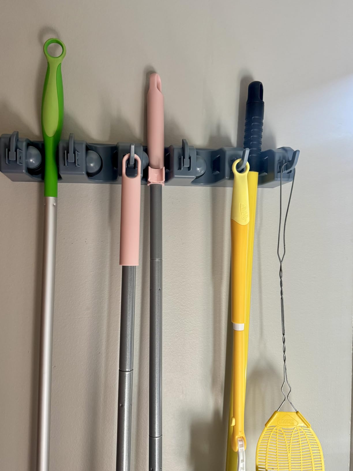 Amazon Basics Rectangular Heavy Duty Wall Mount Broom and Mop Holder, Sturdy Tool Organizer with Hooks and Slots for Garage, Garden, Laundry, Kitchen Organization, 2.36 x 16.9 x 3.35 in, Gray customer photo 1
