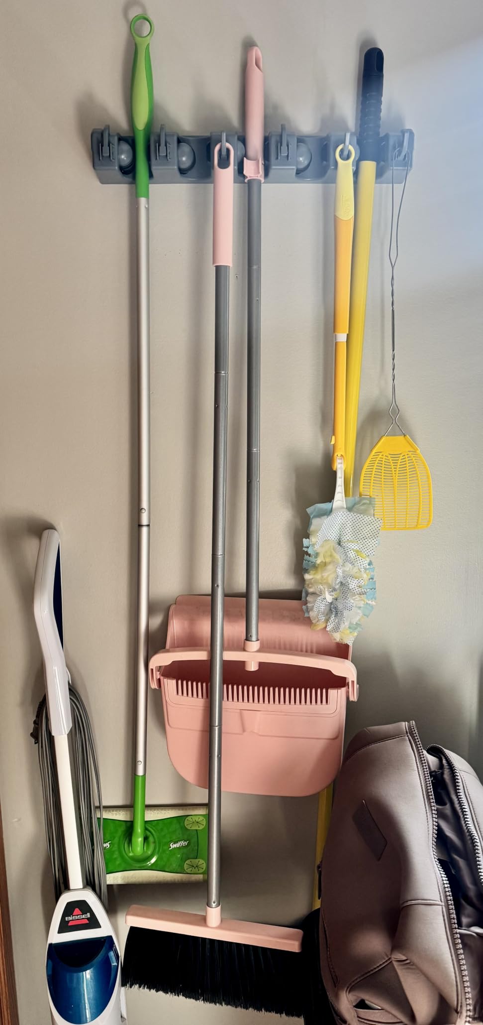 Amazon Basics Rectangular Heavy Duty Wall Mount Broom and Mop Holder, Sturdy Tool Organizer with Hooks and Slots for Garage, Garden, Laundry, Kitchen Organization, 2.36 x 16.9 x 3.35 in, Gray customer photo 2