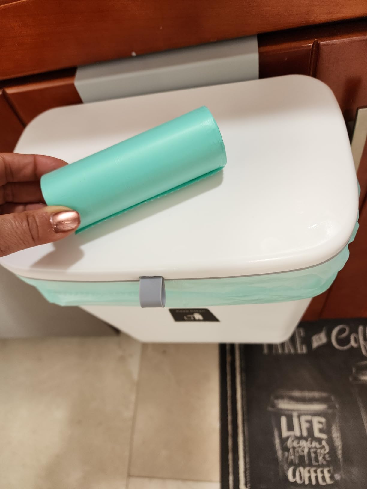 Tiyafuro 2.4 Gallon Kitchen Compost Bin for Counter Top or Under Sink, Hanging Small Trash Can with Lid for Cupboard/Bathroom/Bedroom/Office/Camping, Mountable Indoor Compost Bucket, White customer photo 2