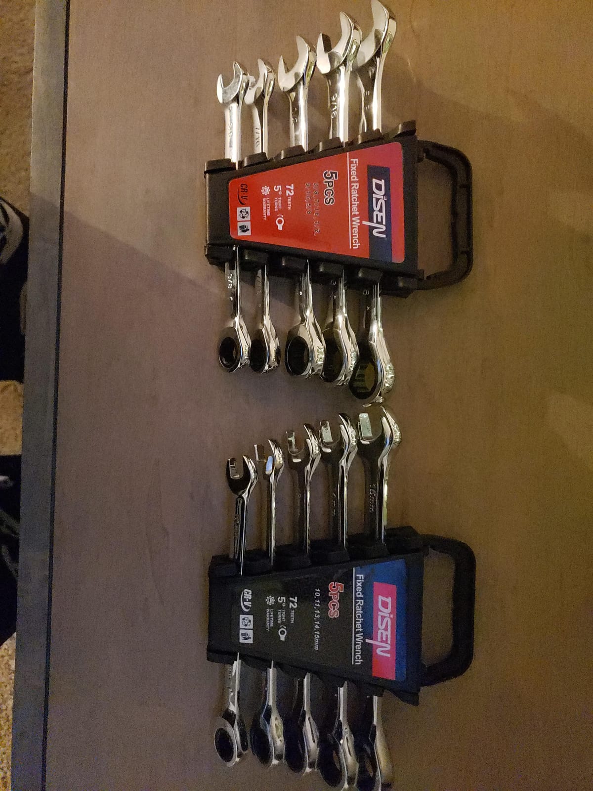 DISEN 10Pcs Ratcheting Wrench Set SAE & Metric Ratchet Wrench Set with Rack Organizer, Premium CR-v Steel, 12 Point, 72 Teeth,Box End and Open End Ratcheting Wrench Set,Metric 10-15mm&SAE 3/8''-5/8'' customer photo 2