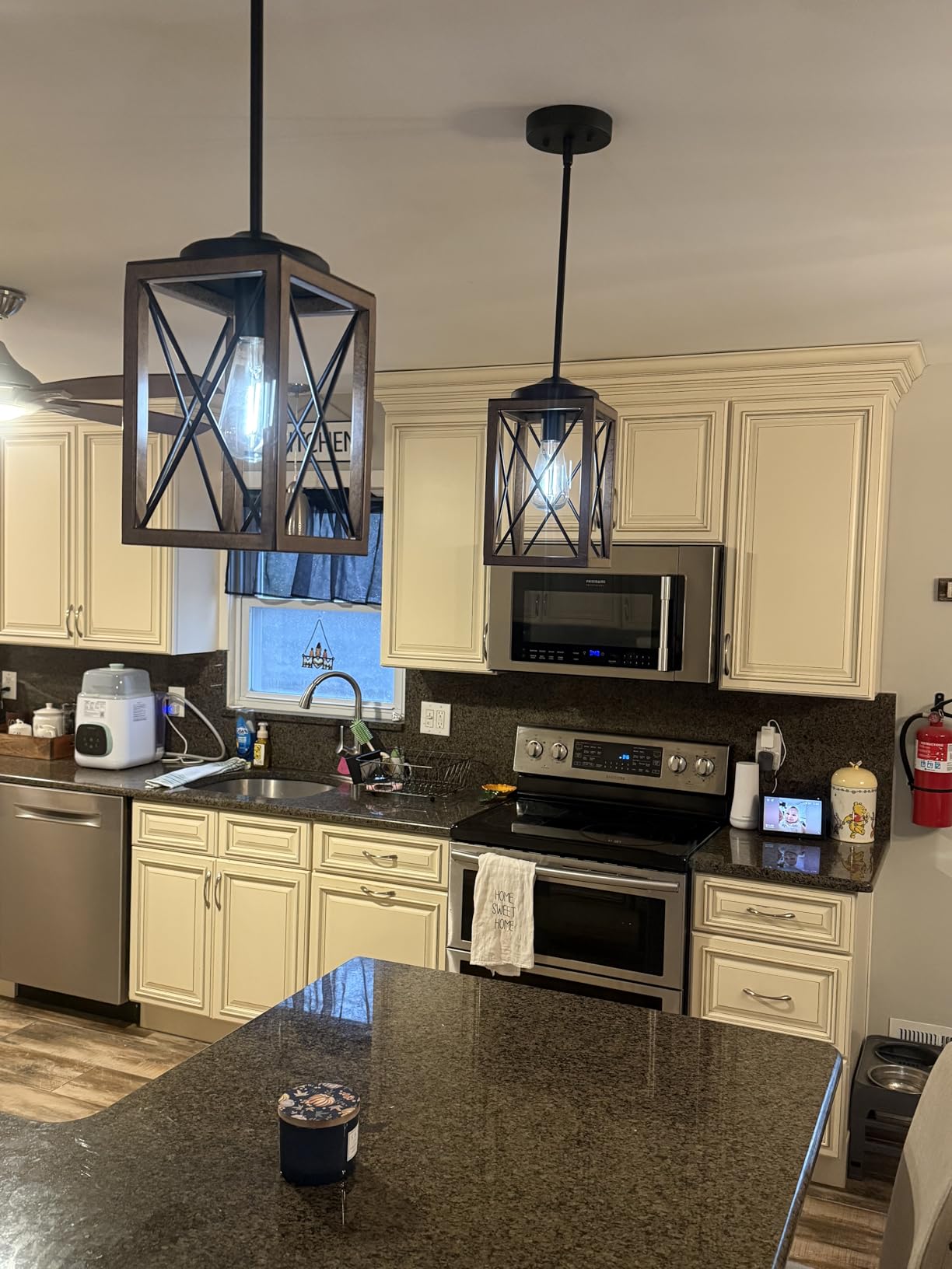 DEWENWILS Farmhouse Pendant Light, Metal Hanging Light Fixture with Wooden Grain Finish, 48 Inch Adjustable Pipes for Flat and Slop Ceiling, Kitchen Island, Bedroom, Dining Hall, E26 Base customer photo 2