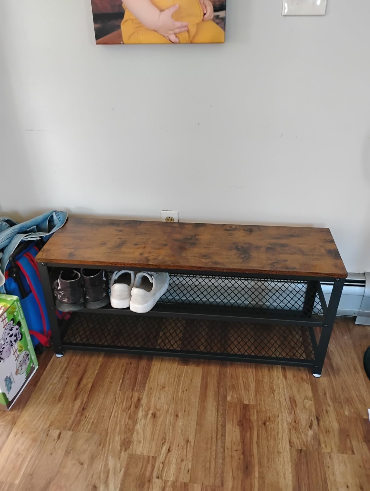 VASAGLE 3-Tier Shoe Rack, Storage Bench with Metal Mesh Shelves and Seat, Free Standing Shoe Organizer, Rustic Brown and Black, DAXTON Collection customer photo 1
