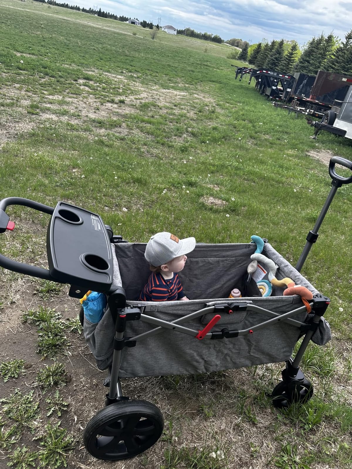 EVER ADVANCED Foldable Wagons for Two Kids & Cargo, Collapsible Folding Stroller with Adjustable Handle Bar, Removable Canopy with 5-Point Harness Gray customer photo 1