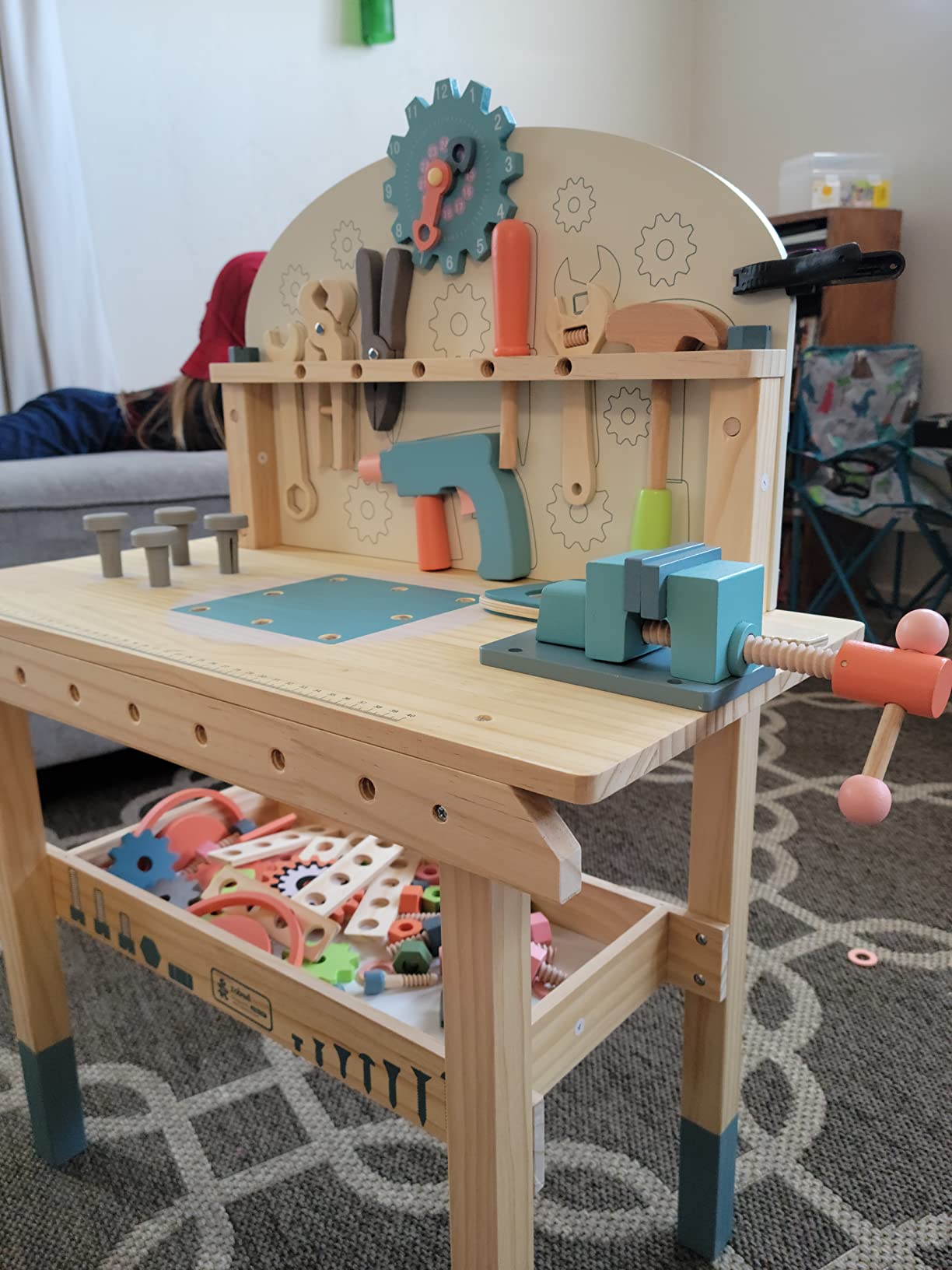 ROBUD Large Wooden Play Tool Workbench Set for Kids Toddlers, Construction Workshop Tool Bench Toys Gift, Multicolor customer photo 1