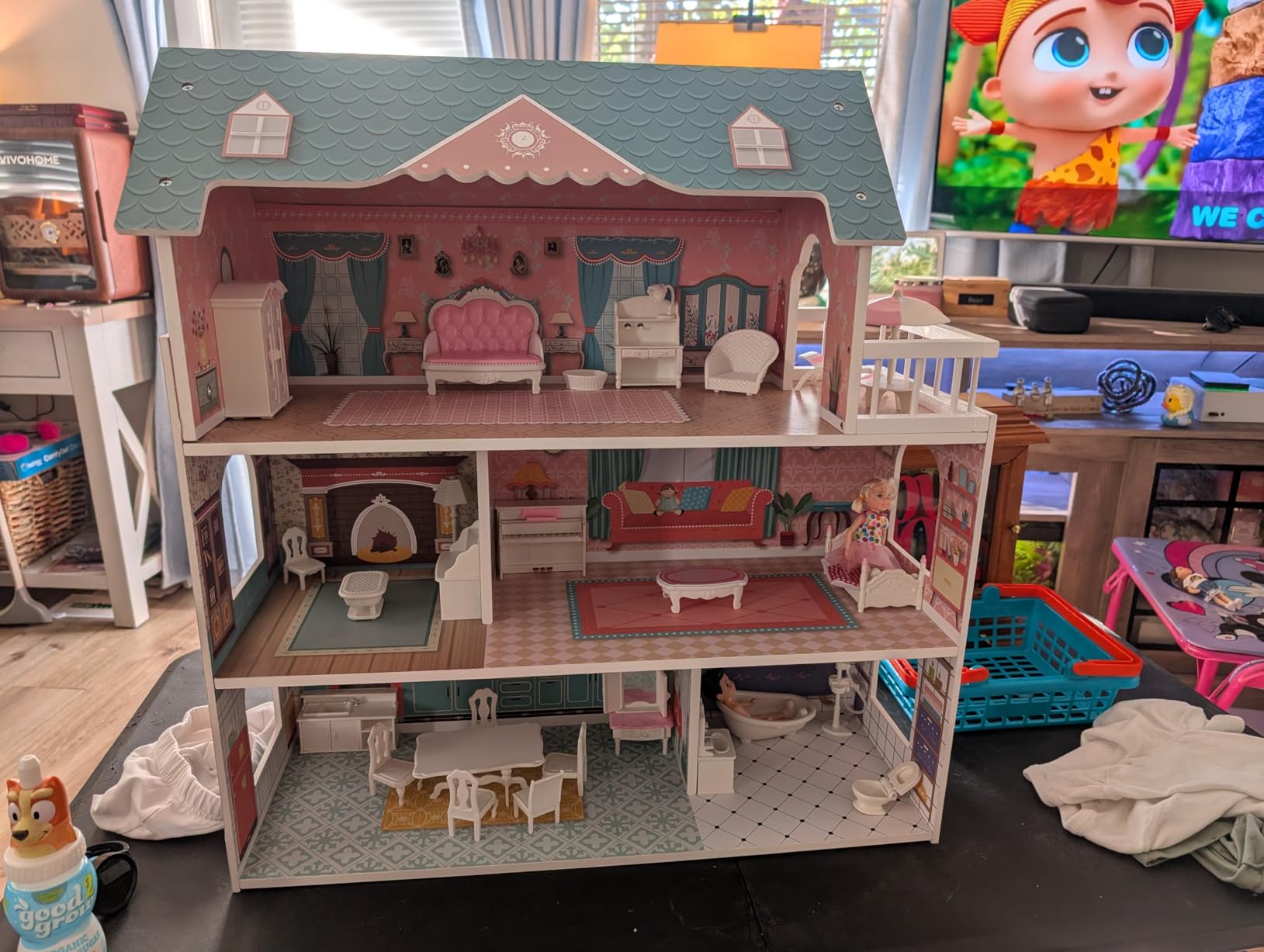 ROBUD Wooden Dollhouse for Kids Girls, Toy Gift for 3 4 5 6 Years Old, with Furniture Blue customer photo 1