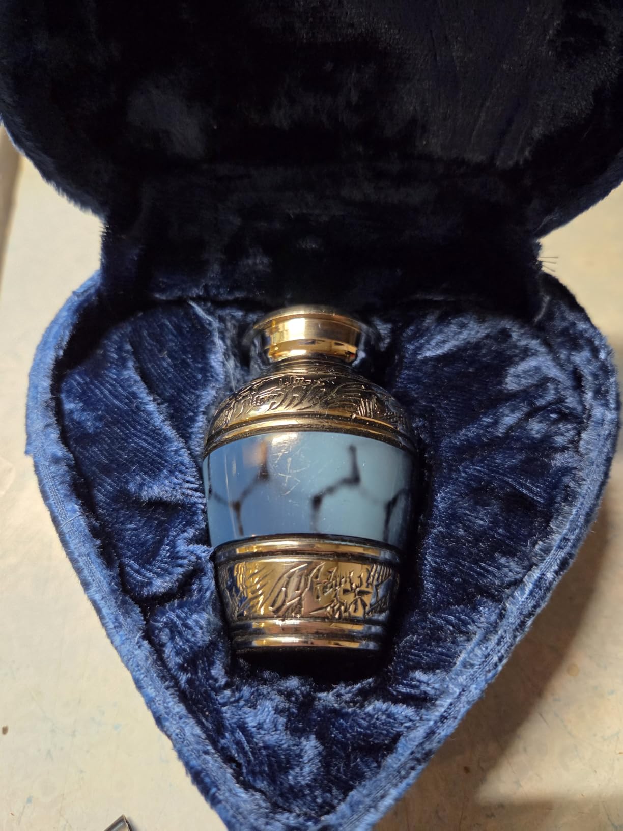 Small Keepsake Cremation Urns for Human Ashes with Velvet Heart Case and Funnel - Beautiful Peaceful Dark Blue Brass Hand Engraved Mini Memorial Urn customer photo 2
