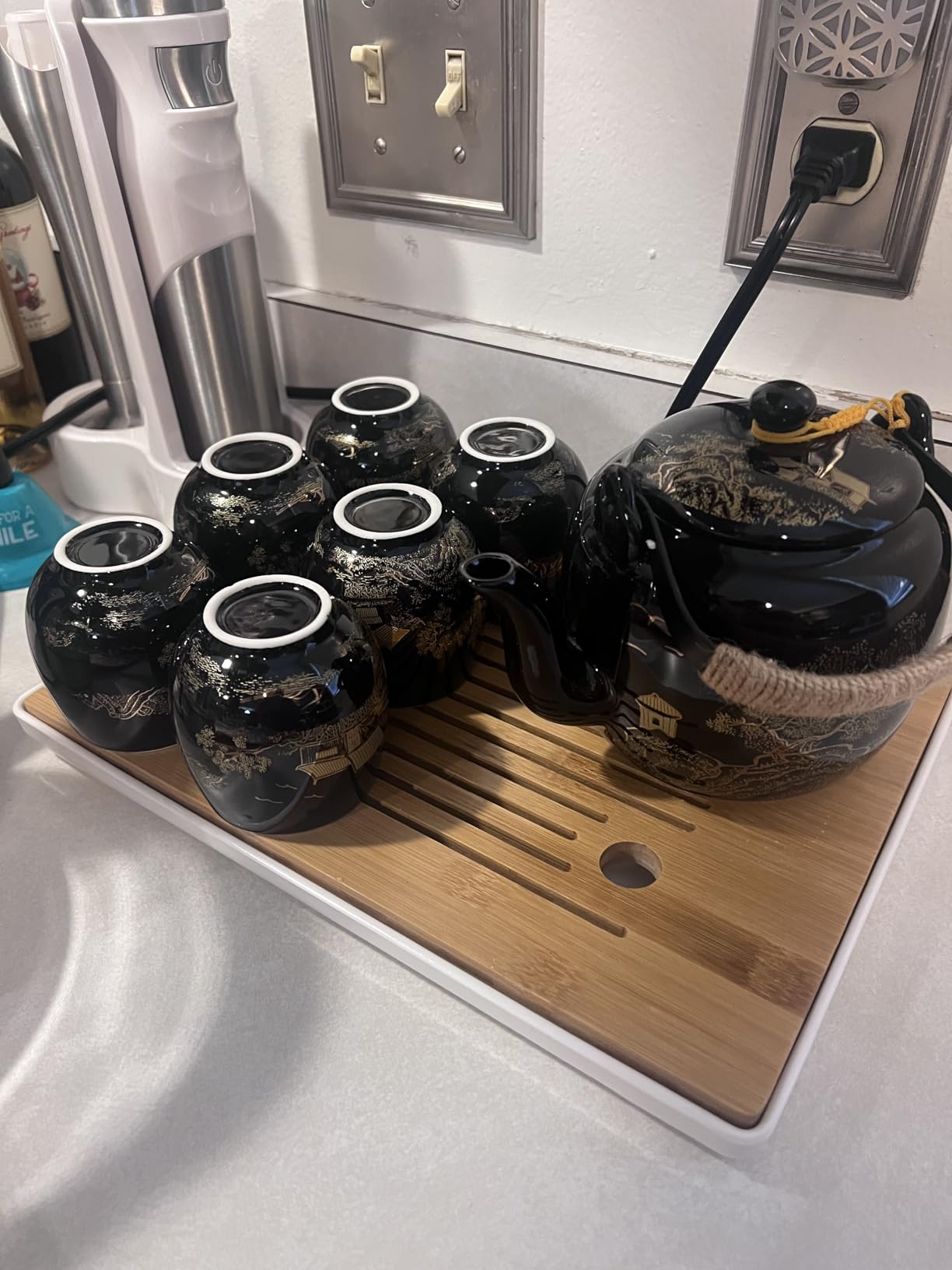 Dujust Japanese Tea Set, Black Porcelain Tea Set with 1 Teapot Set, 6 Tea Cups, 1 Tea Tray, 1 Stainless Infuser, Beautiful Asian Tea Sets for Adults, Tea Lover/Women/Men (Countryside in Golden) customer photo 2