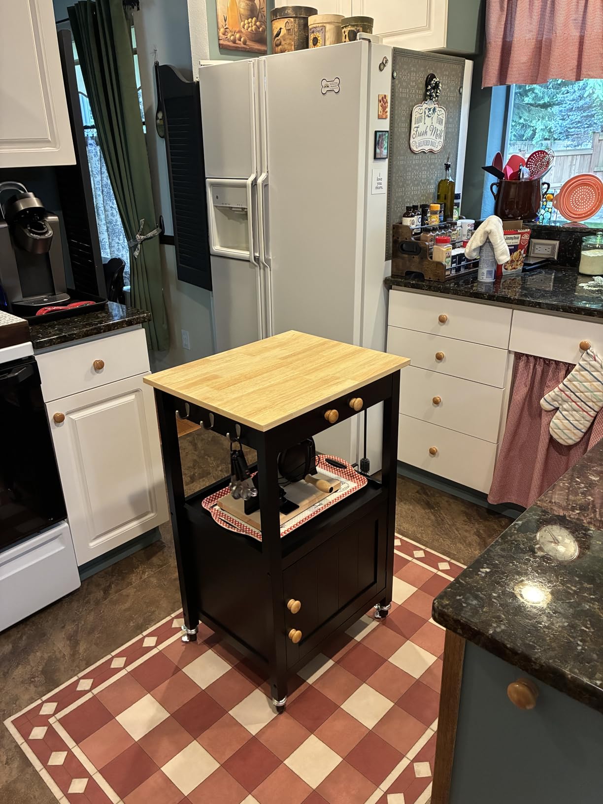 Yaheetech Kitchen Island Cart with Storage, Rolling Kitchen Island on Wheels with 6 Side Hooks, Wood Top Microwave Cart with Drawer for Dining Room, White customer photo 1