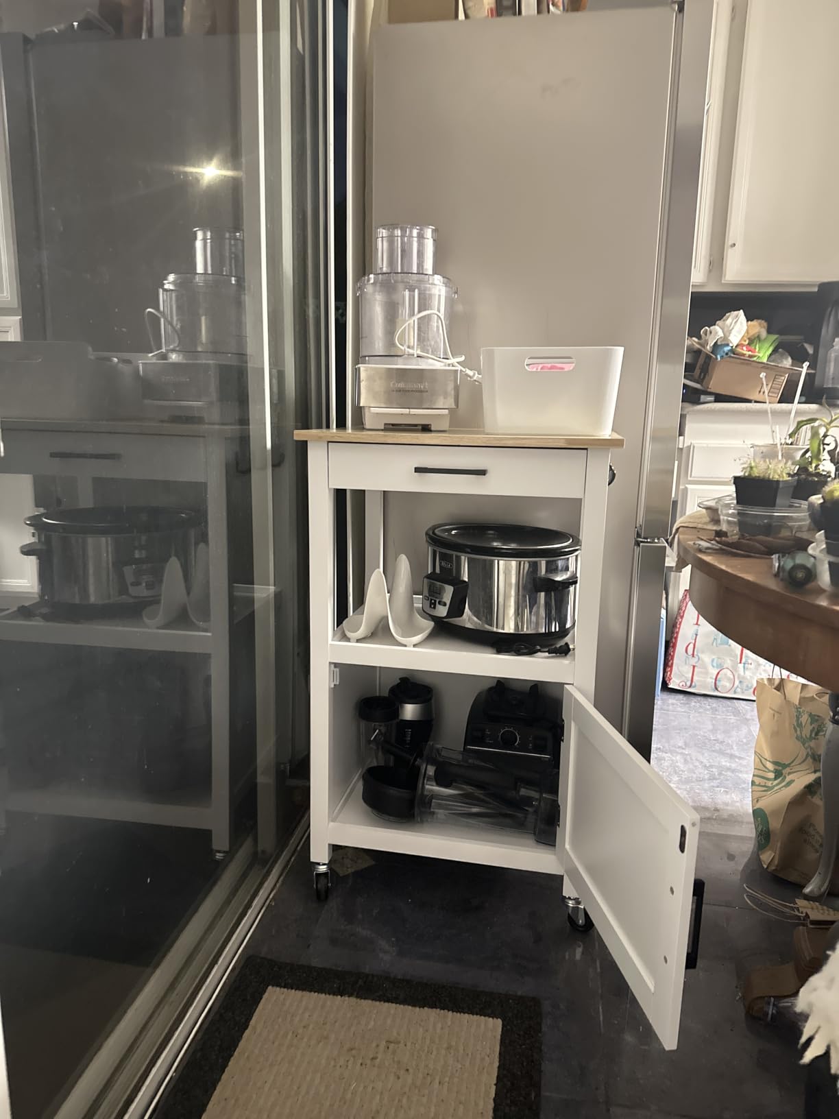 Yaheetech Kitchen Island Cart with Storage, Rolling Kitchen Island on Wheels with 6 Side Hooks, Wood Top Microwave Cart with Drawer for Dining Room, White customer photo 2