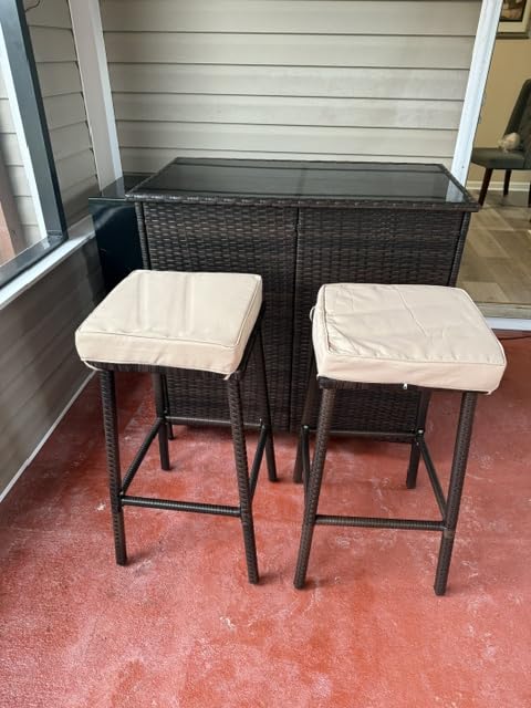 Yaheetech 3pcs Outdoor Bar Set, Patio Wicker Bar Furniture with 2 Storage Shelves, Glass Top Table, Cushions and Two Stools, Brown/Khaki customer photo 2