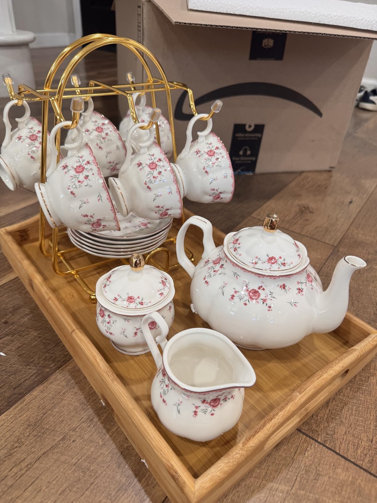 fanquare Vintage Porcelain Tea Set for Women Tea Party, Cup and Saucer Set for 6, Wedding Floral Teapot Set for Adults, Pink Rose customer photo 2