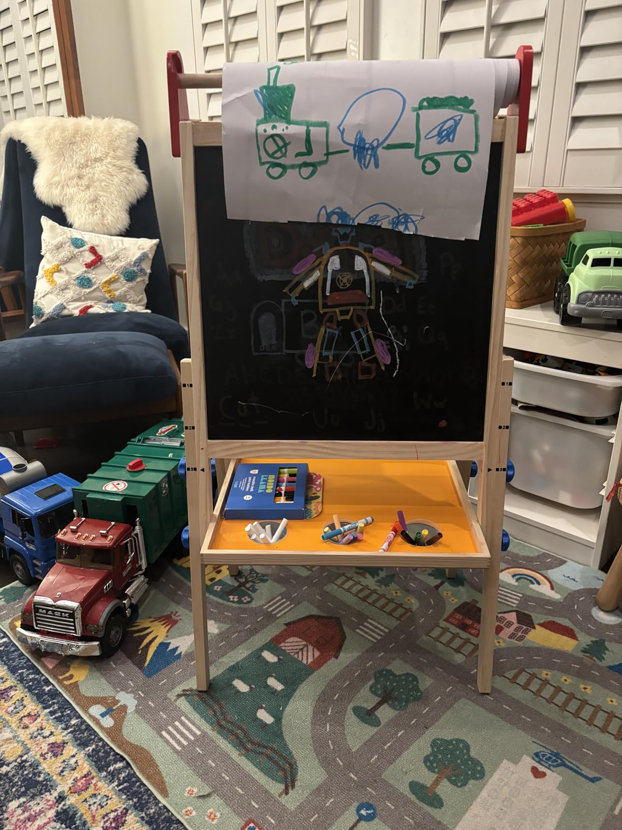 Tiny Land Wooden Easel for Kids, Art Easel with Chalkboard & Whiteboard | Sturdy solid pine frame, 2 drawing paper rolls, Double-sided board, 3 adjustable heights, Art Learning Toy for Ages 3-12 customer photo 1