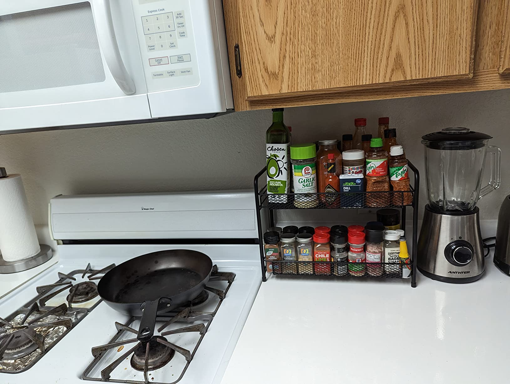 Spice Rack Organizer for Countertop,Xpatee 2-Tier Foldable Metal Rust-Proof Standing Large Seasoning Storage Shelf with Guardrail and Mesh Design for Kitchen Cabinet Bathroom Living Room Pantry, Black customer photo 1