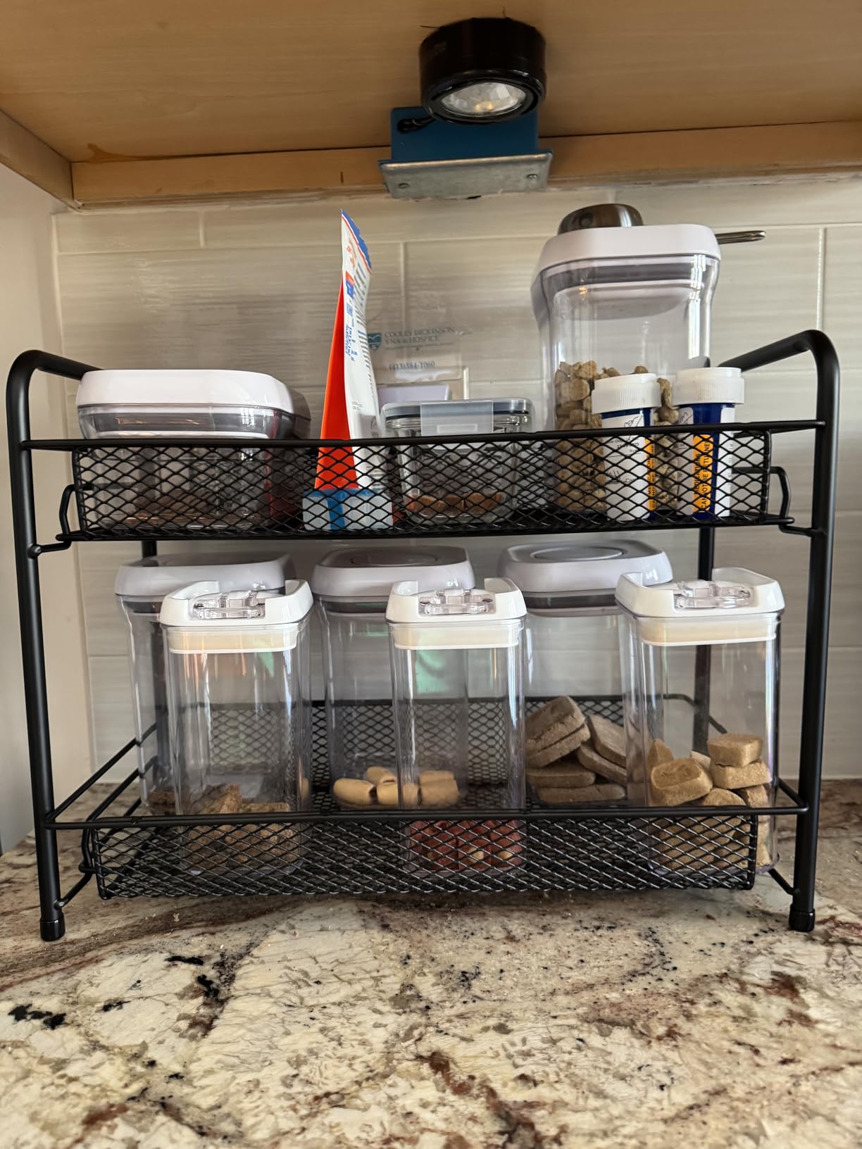 Spice Rack Organizer for Countertop,Xpatee 2-Tier Foldable Metal Rust-Proof Standing Large Seasoning Storage Shelf with Guardrail and Mesh Design for Kitchen Cabinet Bathroom Living Room Pantry, Black customer photo 2
