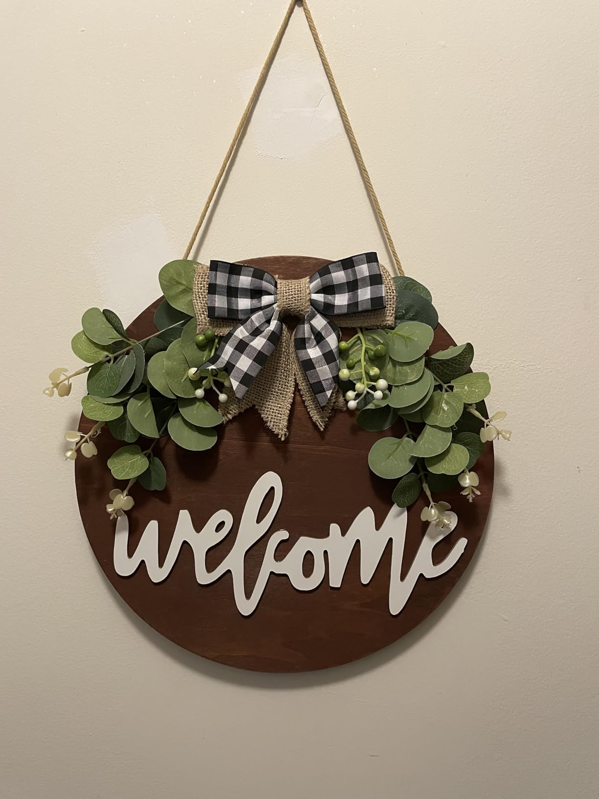 Welcome Sign for Front Door, 12 Inch Round Wood Wreath | Weatherproof Solid Wood, 3D Embossed Letters, Firmly Stapled Greenery & Bow, Anti-Fade & Anti-Warp, Outdoor Porch Decor customer photo 1