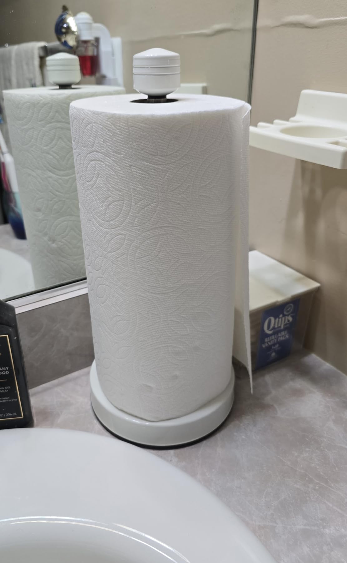 Heavy-Duty Stainless Steel Paper Towel Holder - Easy One-Handed Tear with Suction Cups - Modern Weighted Standing Countertop Dispenser for Kitchen - Holds All Paper Towel Rolls, Silver customer photo 2