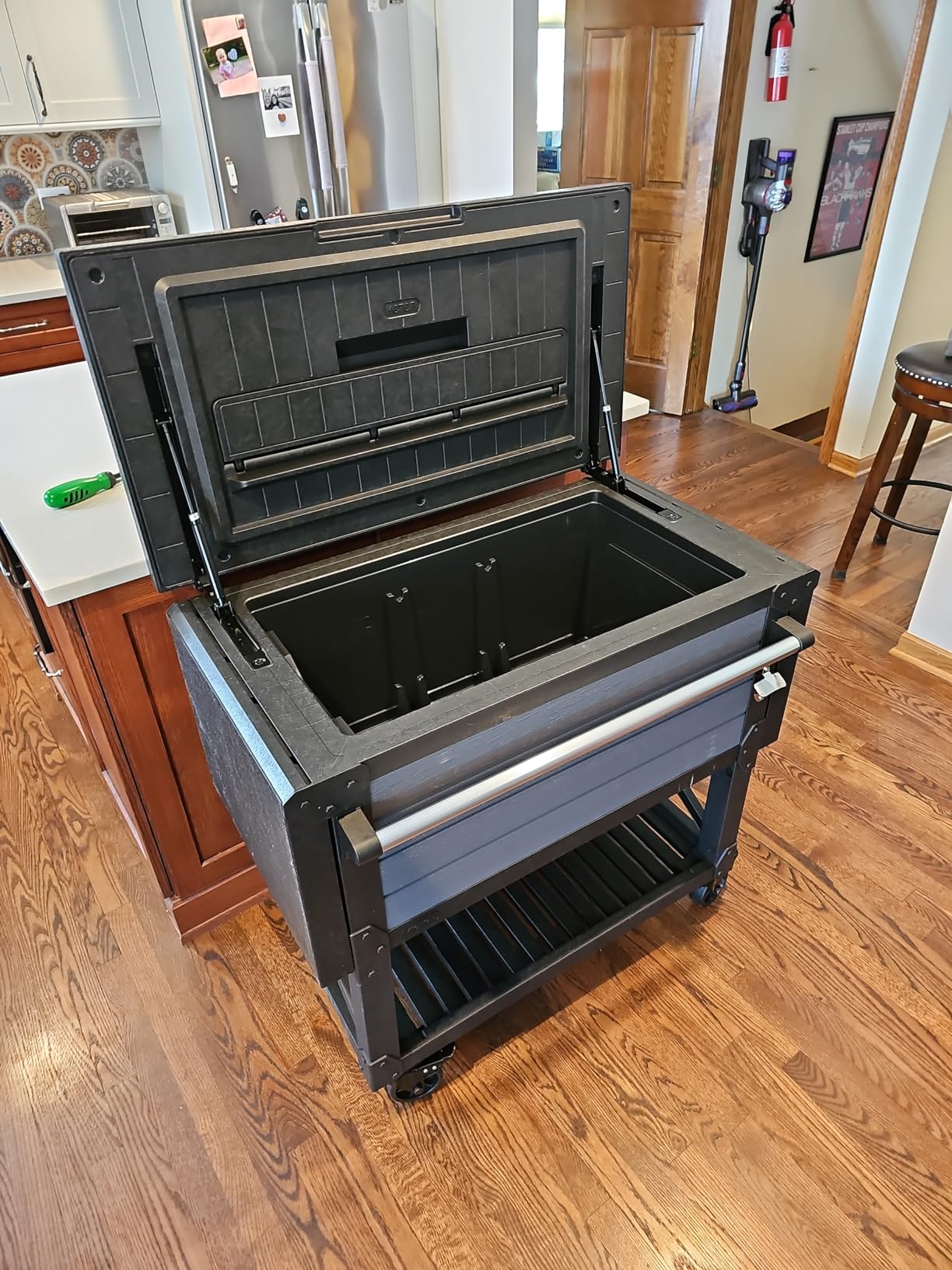 Keter 89.8 Qt Portable Outdoor Patio Cooling Chest, Graphite | Cooler Chest Beverage Party Bar Cart Table with Swivel Wheels, Shelves, and Bottle Opener customer photo 1
