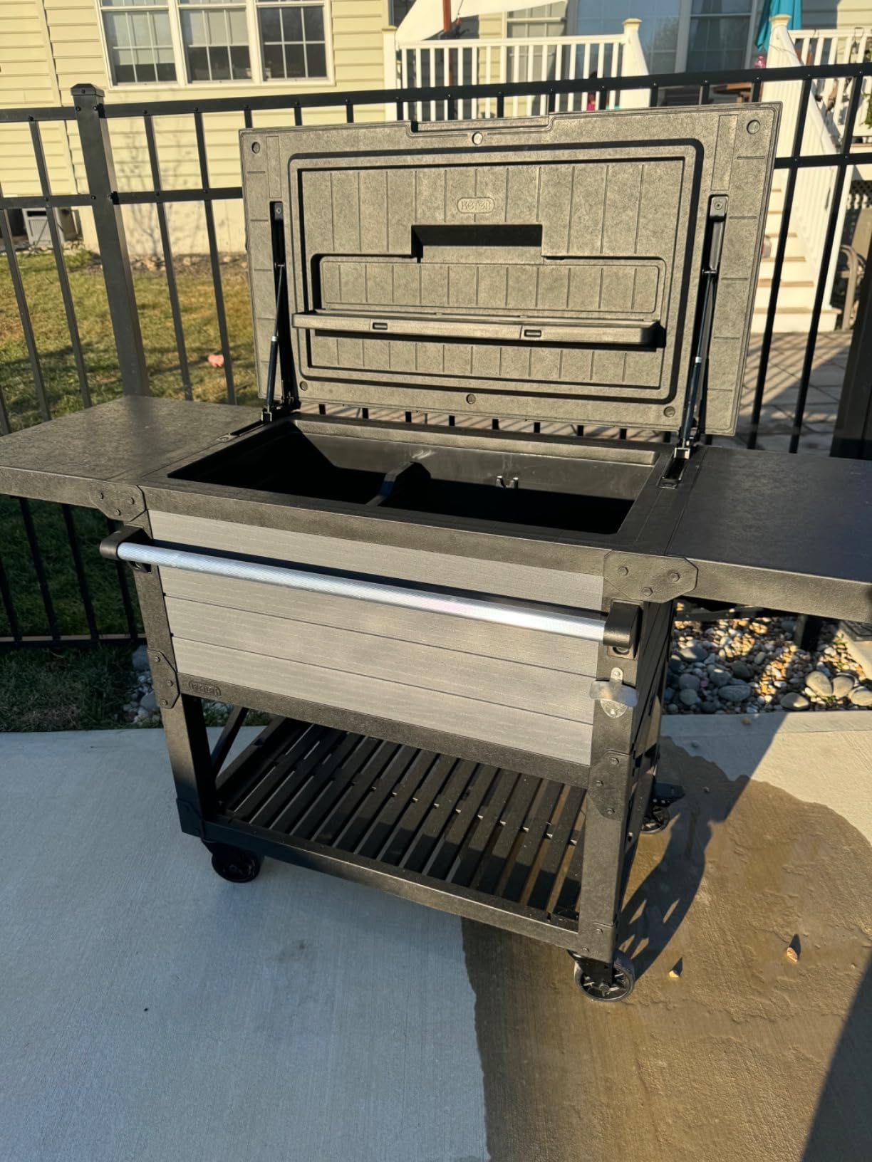 Keter 89.8 Qt Portable Outdoor Patio Cooling Chest, Graphite | Cooler Chest Beverage Party Bar Cart Table with Swivel Wheels, Shelves, and Bottle Opener customer photo 2