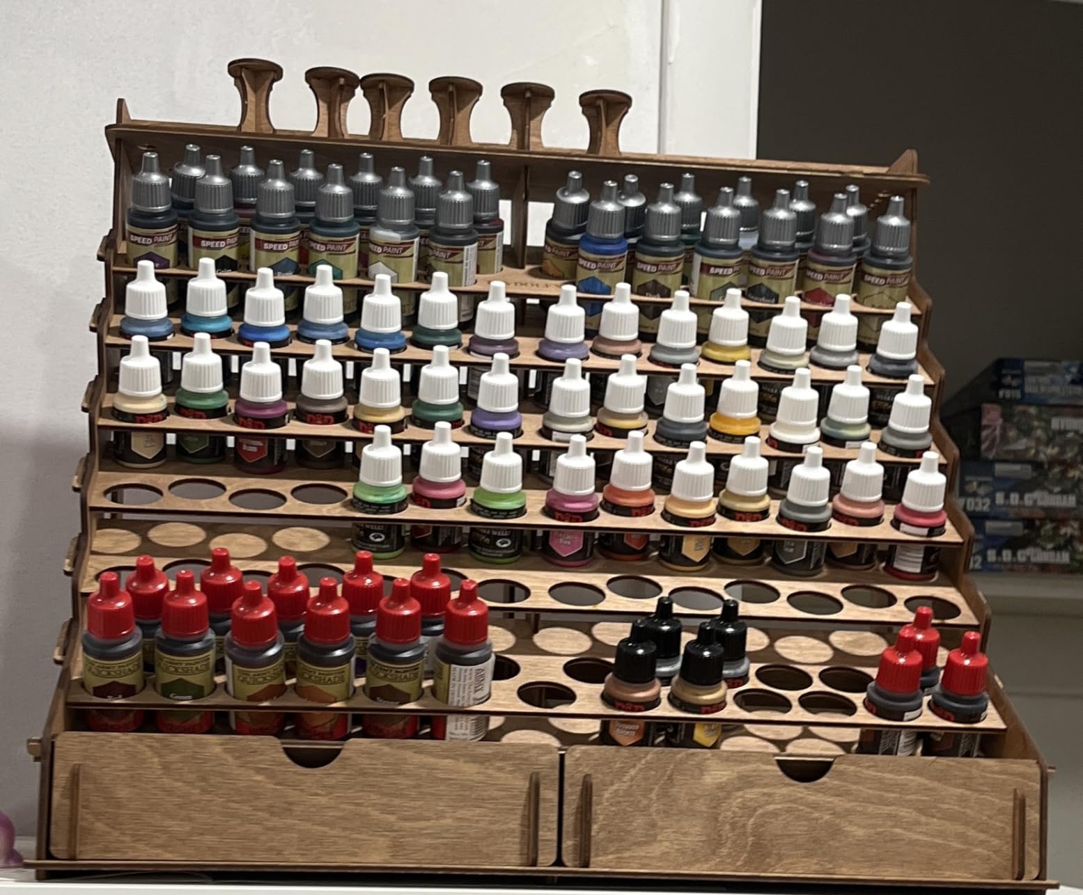 Plydolex Plywood Storage Rack - 105 Bottle Holes for 17 ml Vallejo Paints, 14 Paintbrush Slots, 6 Miniature Stands, 2 Drawers, a Shelf & a Brush Tray - Works for DnD, Warhammer 40K and Other Minis customer photo 2