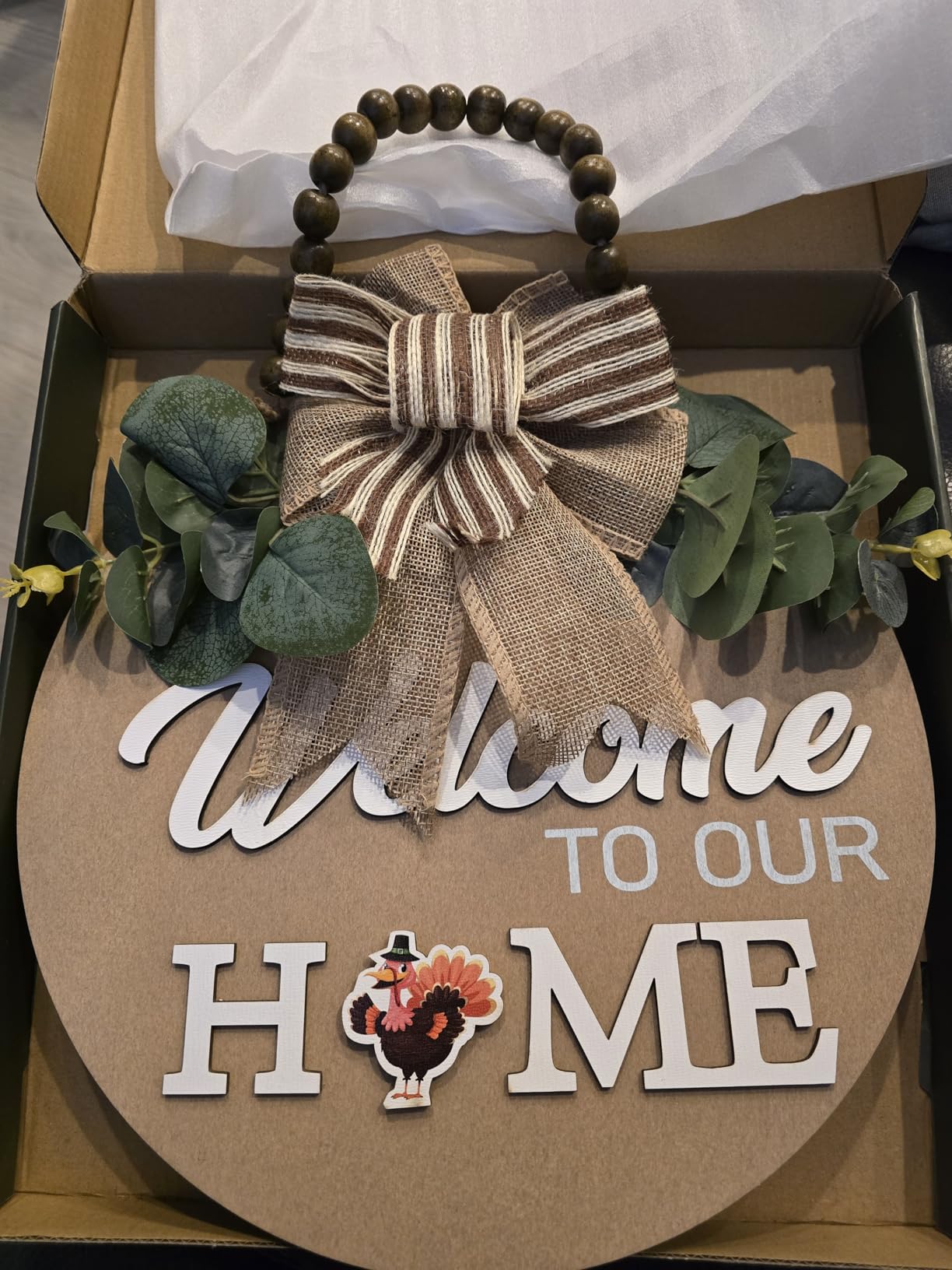 Welcome Sign for Front Door 12 in Wreath Decorations for All Seasons Brown | 3D Round, Wooden Bead Chain, Front Porch signs Decor Hanging for Farmhuose Home Outdoor Office Store customer photo 2