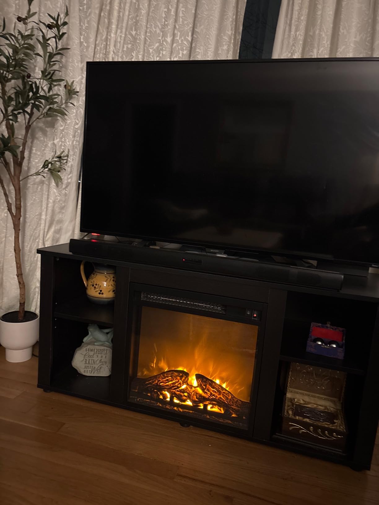 Furinno Jensen Entertainment Center Stand with Fireplace for TV up to 55 Inch, Americano, Corded Electric, Adjustable | Electric Fireplace, Entertainment Center with Storage Shelf, TV Console, for Living Room, Bedroom customer photo 1