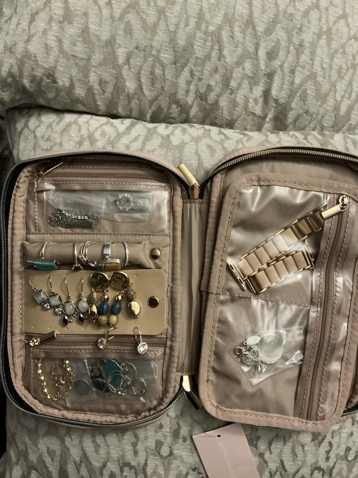 NISHEL Travel Jewelry Case Organizer, Tangle-Free Necklace Storage Bag | Stores rings, earrings, bracelets and watches in a compact case for travel, vacations and daily use, Pink, Medium customer photo 1