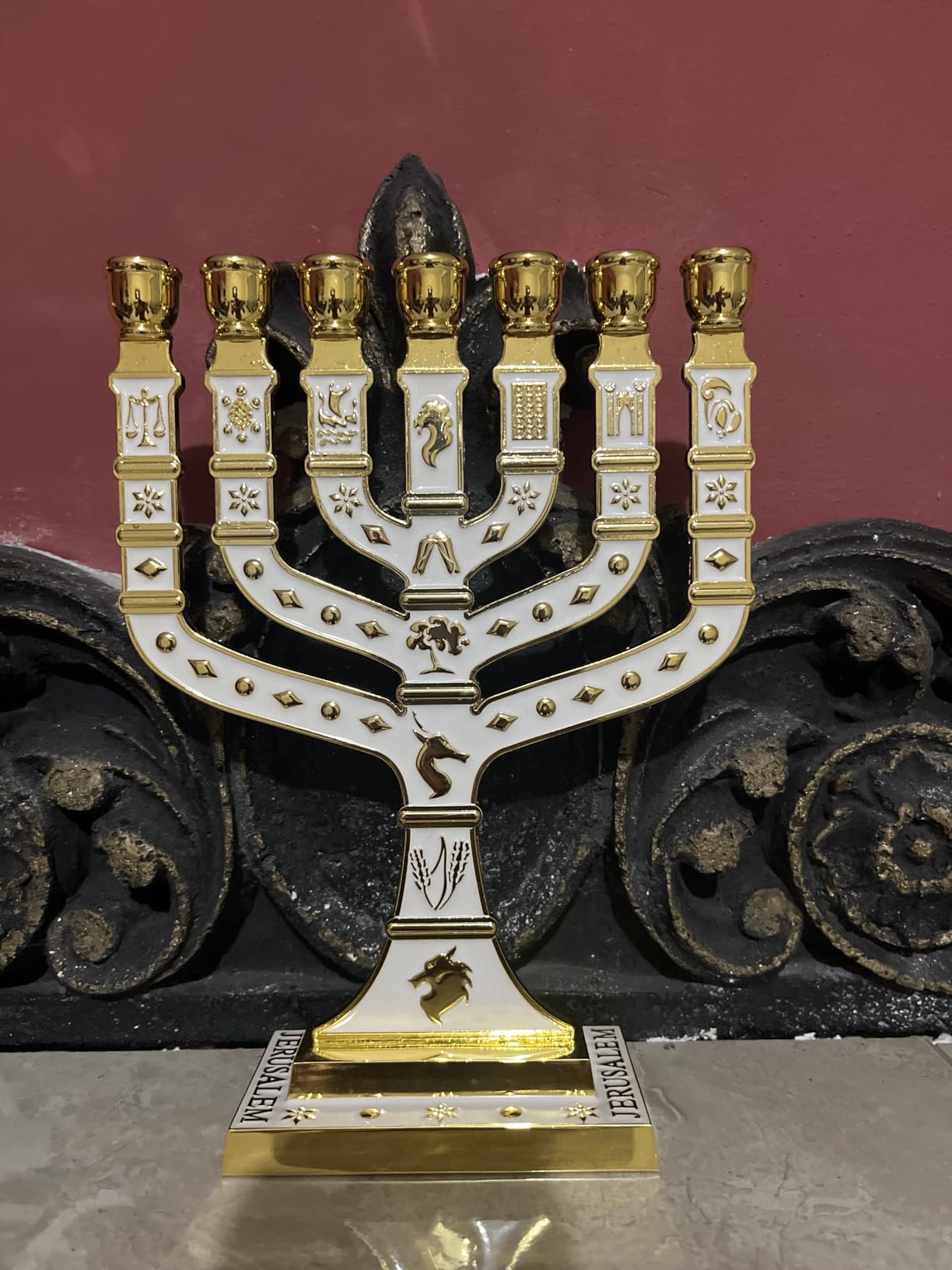 Jerusalem 7 Branch Traditional Menorah Enamel Finish, with 12 Tribes of Israel, Jewish Candle Holders (10.8 inch) customer photo 1