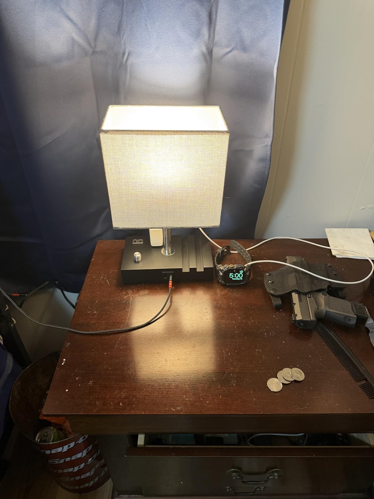 Bedside Table Lamp for Bedroom Nightstand - Stepless Dimmable, 2 AC Outlets | Dimming By Rotary Knob, USB C+A Ports, 2 Phone Stands, LED Bulbs Included, Rectangle Grey Fabric Shade, for Living Room, Desk customer photo 2