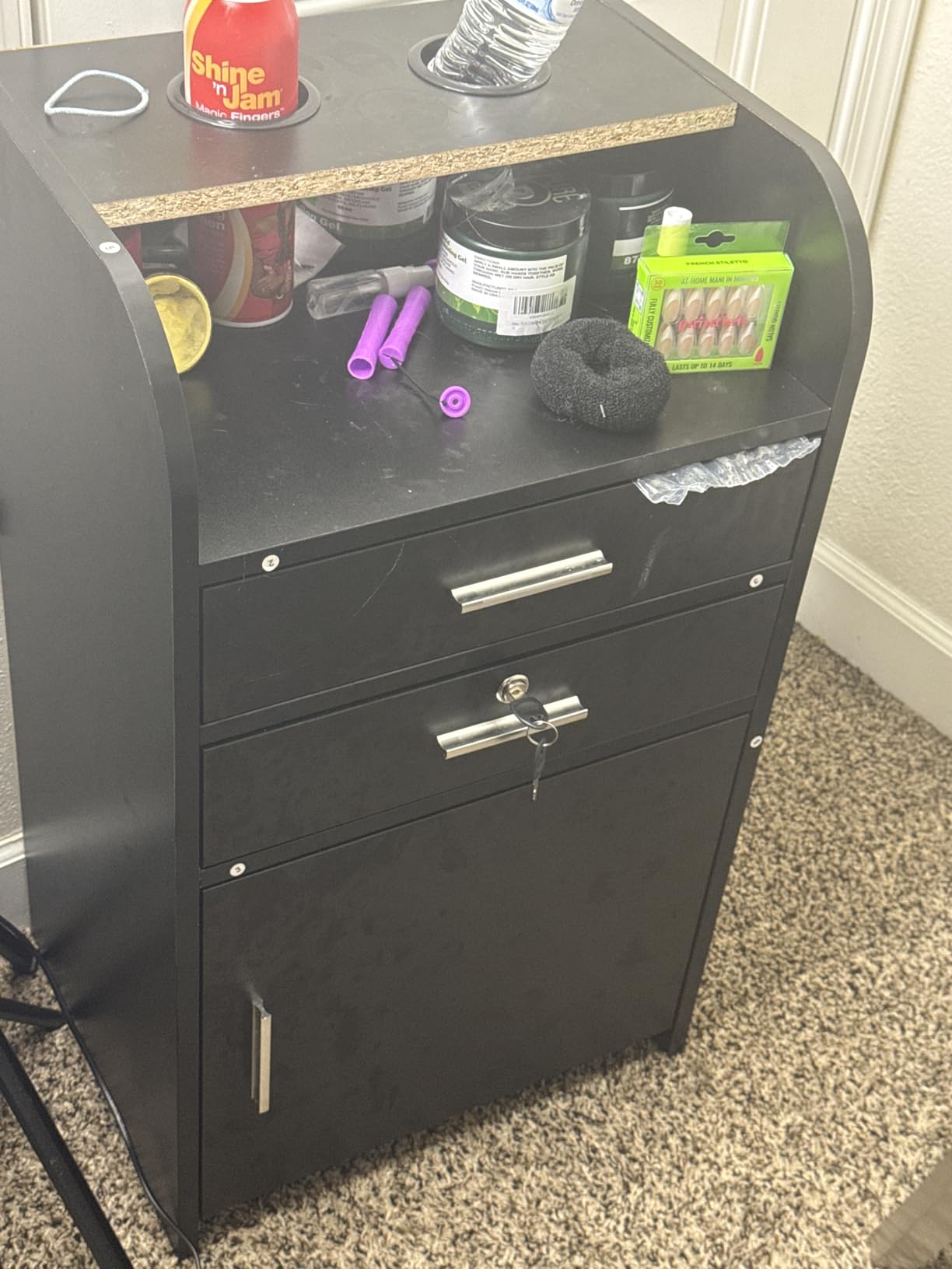 Hair Salon Station,Salon Trolley Cart with Wheels,Barber Storage Cabinet with Locking Drawer, Hair Stylist Station with 2 Hair Dryer Holders, Black customer photo 2
