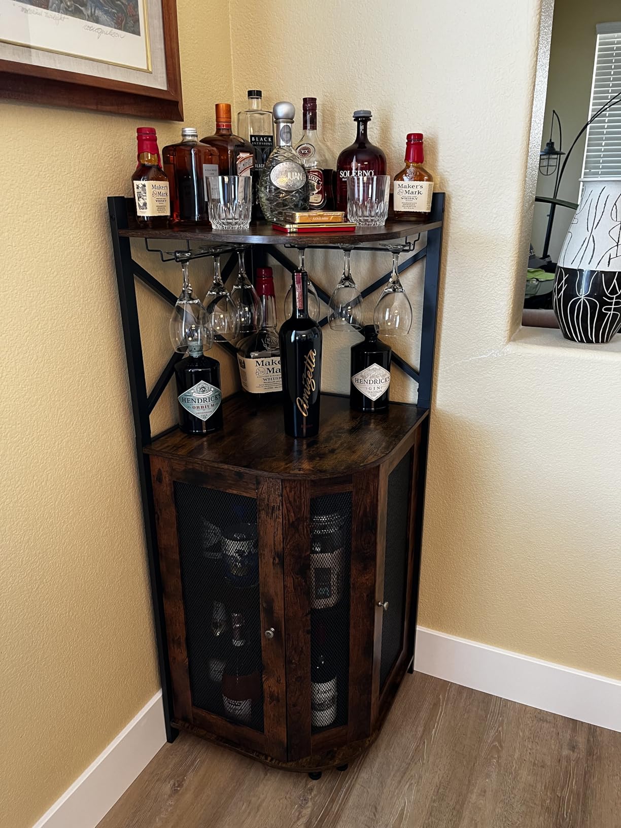 JKsmart Corner Bar Cabinet with LED Lights, Industrial Wine Cabinet with Glass Holder, 4-Tier Wine Cabinet with Door and Shelf, Farmhouse Home Bar for Liquor Wine Coffee Storage, Rustic Brown customer photo 2
