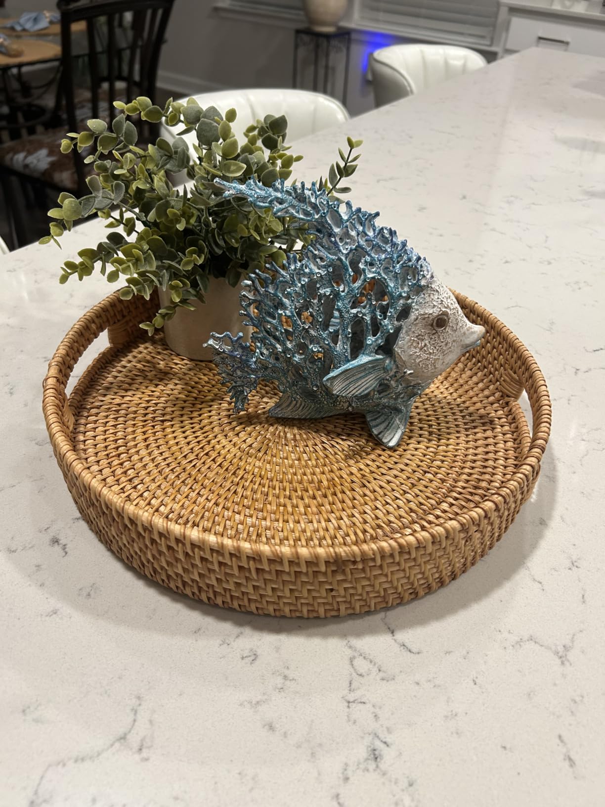 Coffee Table Tray Round Rattan Ottoman Tray Woven Serving Trays with Handles for Home and Kitchen Decorative White (Large 14 inch x 2.4 inch) customer photo 1