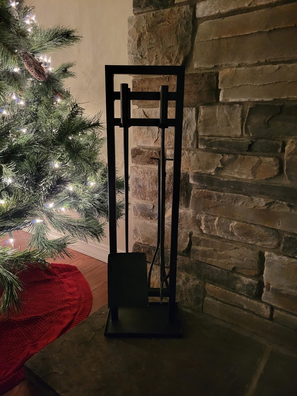 FEED GARDEN Fireplace Tools Set 5 Pieces, 30 Inch Modern Wrought Iron Outdoor Fireplace Accessories Set Long Holder Indoor with Poker, Tongs, Shovel, Brush, Base Black customer photo 2