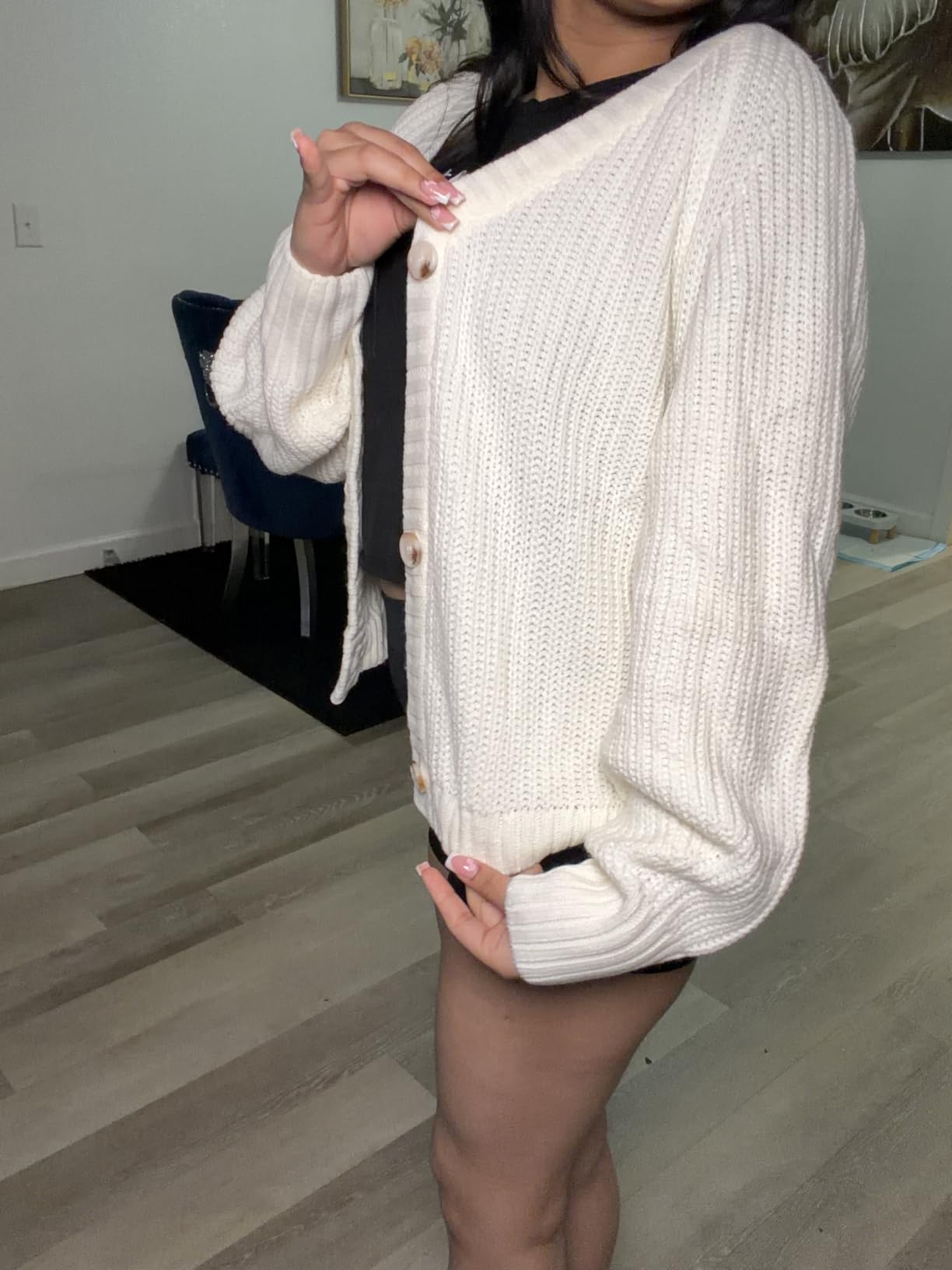 PRETTYGARDEN Women's Chunky Knit Open Front Sweater Long Sleeve Button Loose Short Cardigan Outerwear Coats customer photo 1